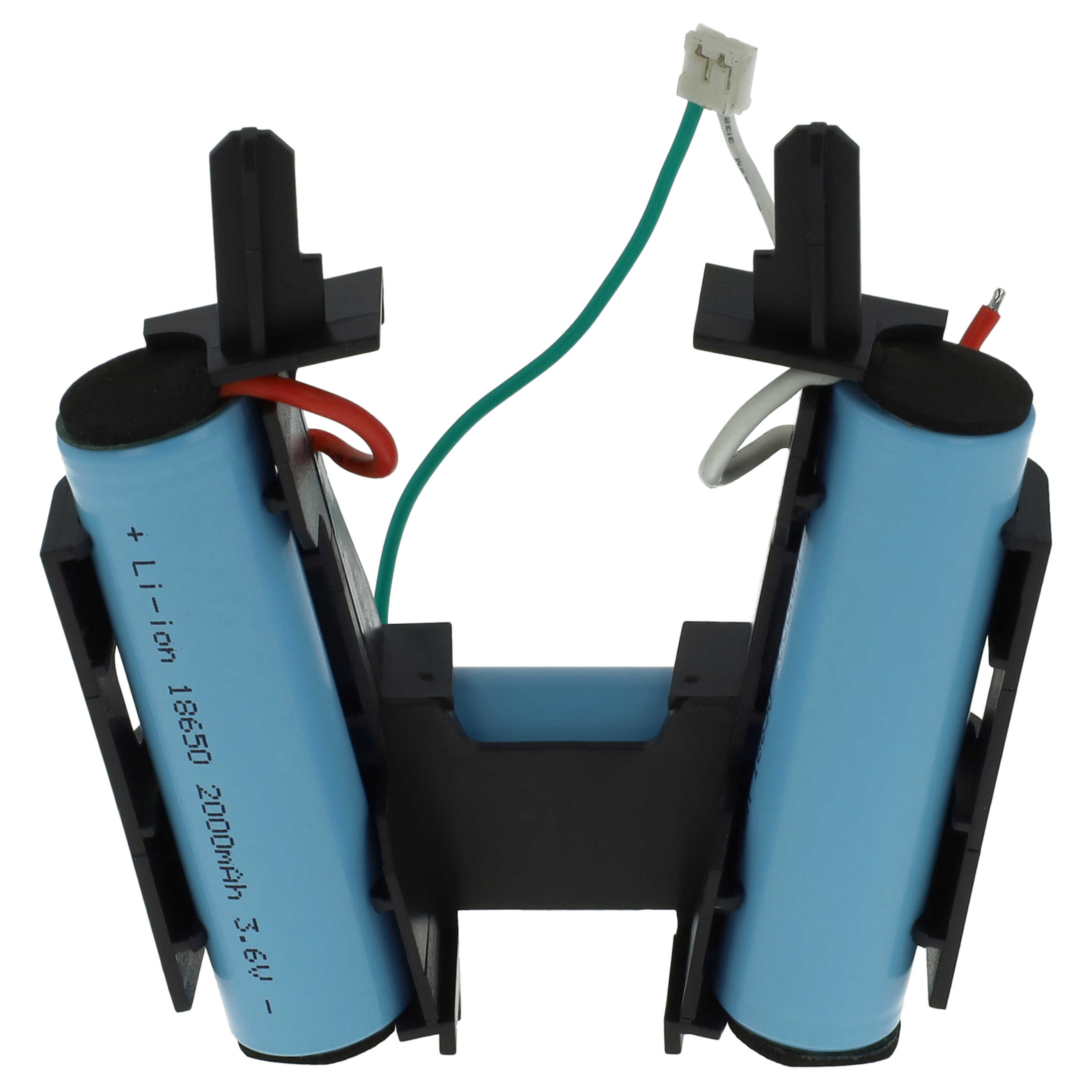 Blaue zylindrische Batterien in einem schwarzen Kunststoffhalter, Drähte befestigt.