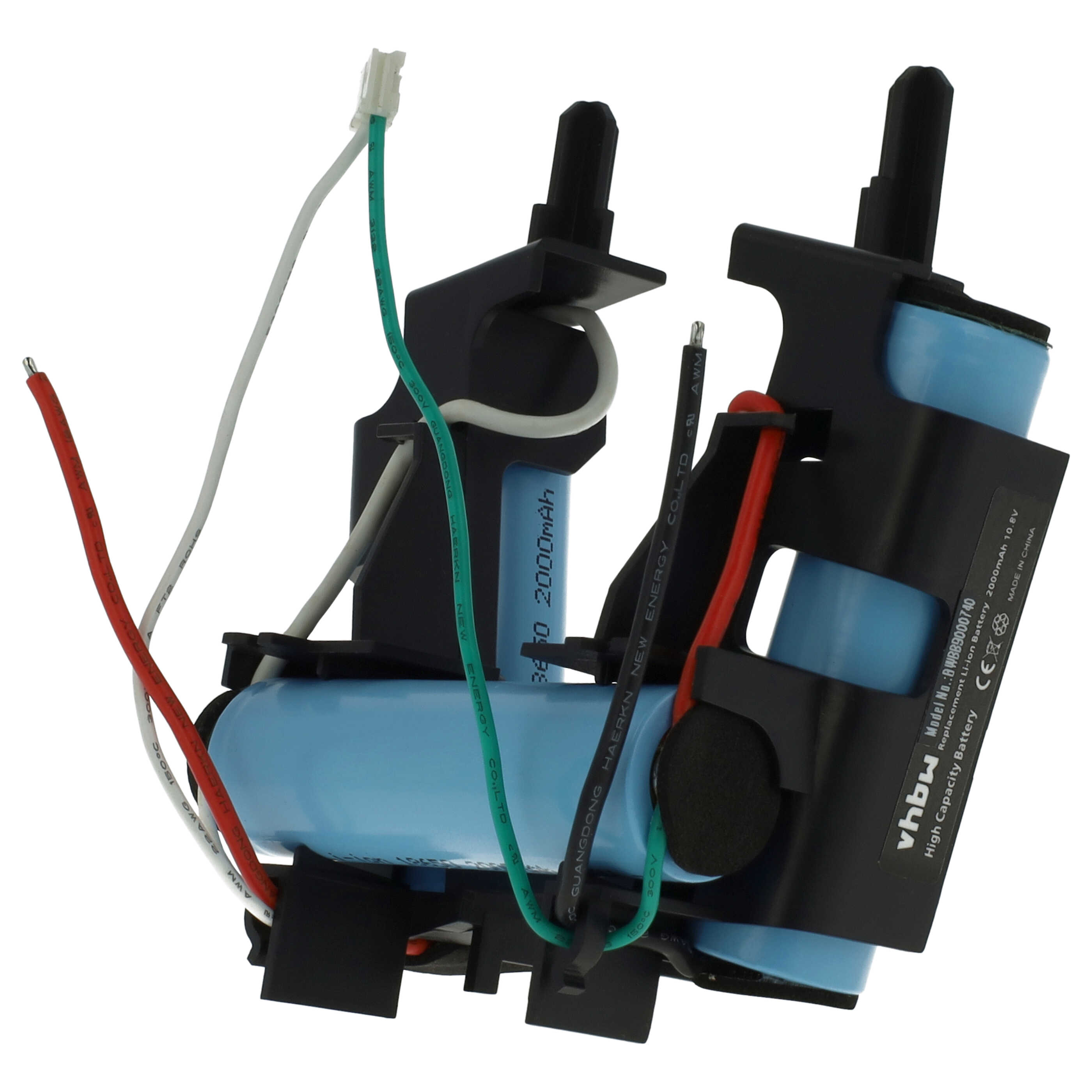 Eine Batterie mit Drähten und schwarzen Haltern auf weißem Hintergrund. Die Batterie ist blau und schwarz.