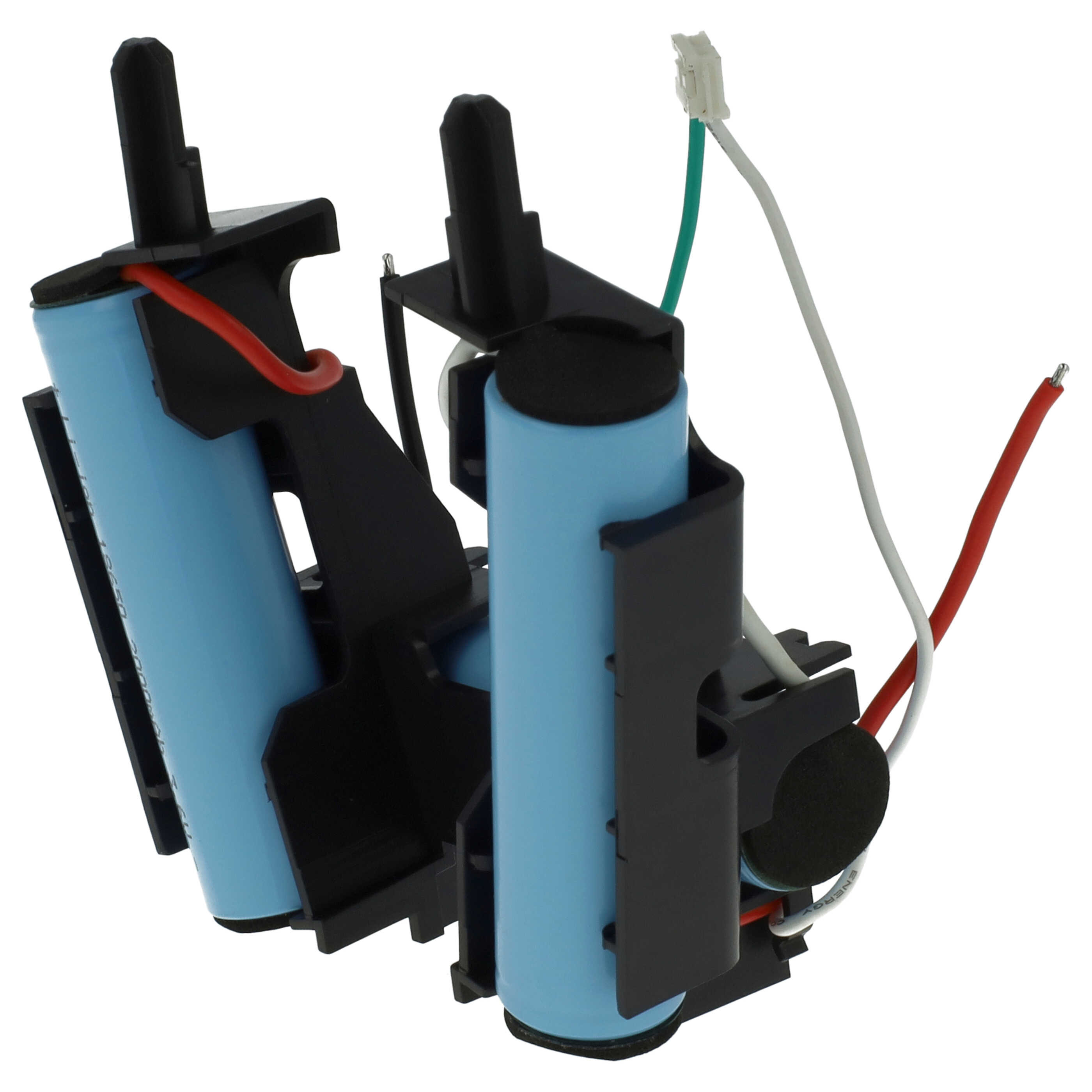 Eine Batterie mit roten und weißen Drähten, schwarzen Haltern und blauen Zellen.