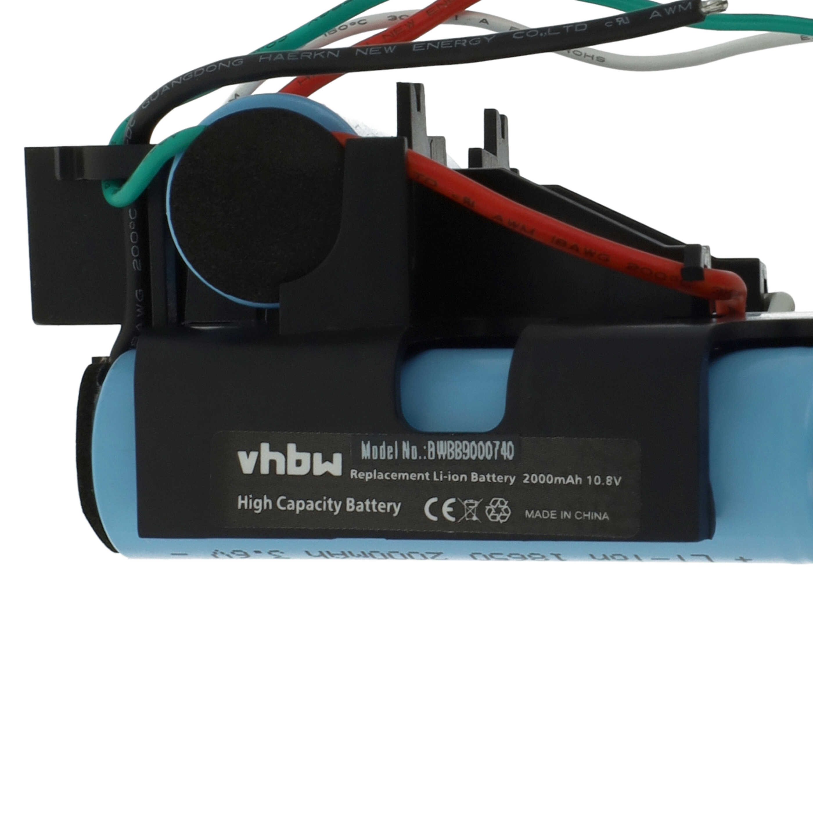 Ein zerlegtes Akkupack mit Drähten. Es hat eine blaue Batteriezelle und einen schwarzen Kunststoffrahmen.