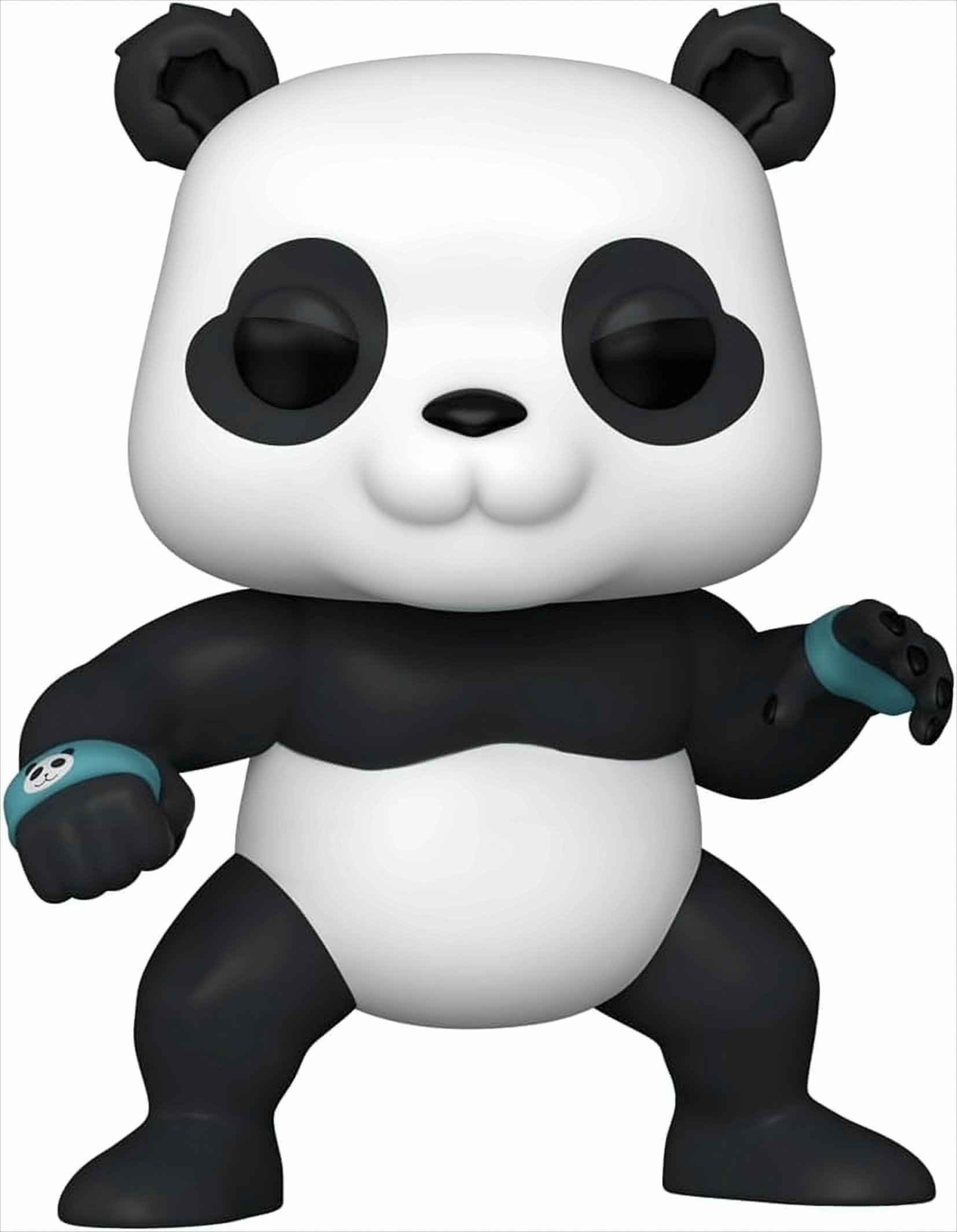 Een zwart-wit panda beer speelgoed. Het draagt een horloge om de pols.