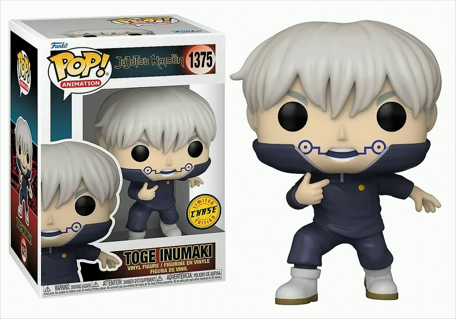 Een Funko Pop figuur van Toge Inumaki met een doos. De achtergrond is wit.