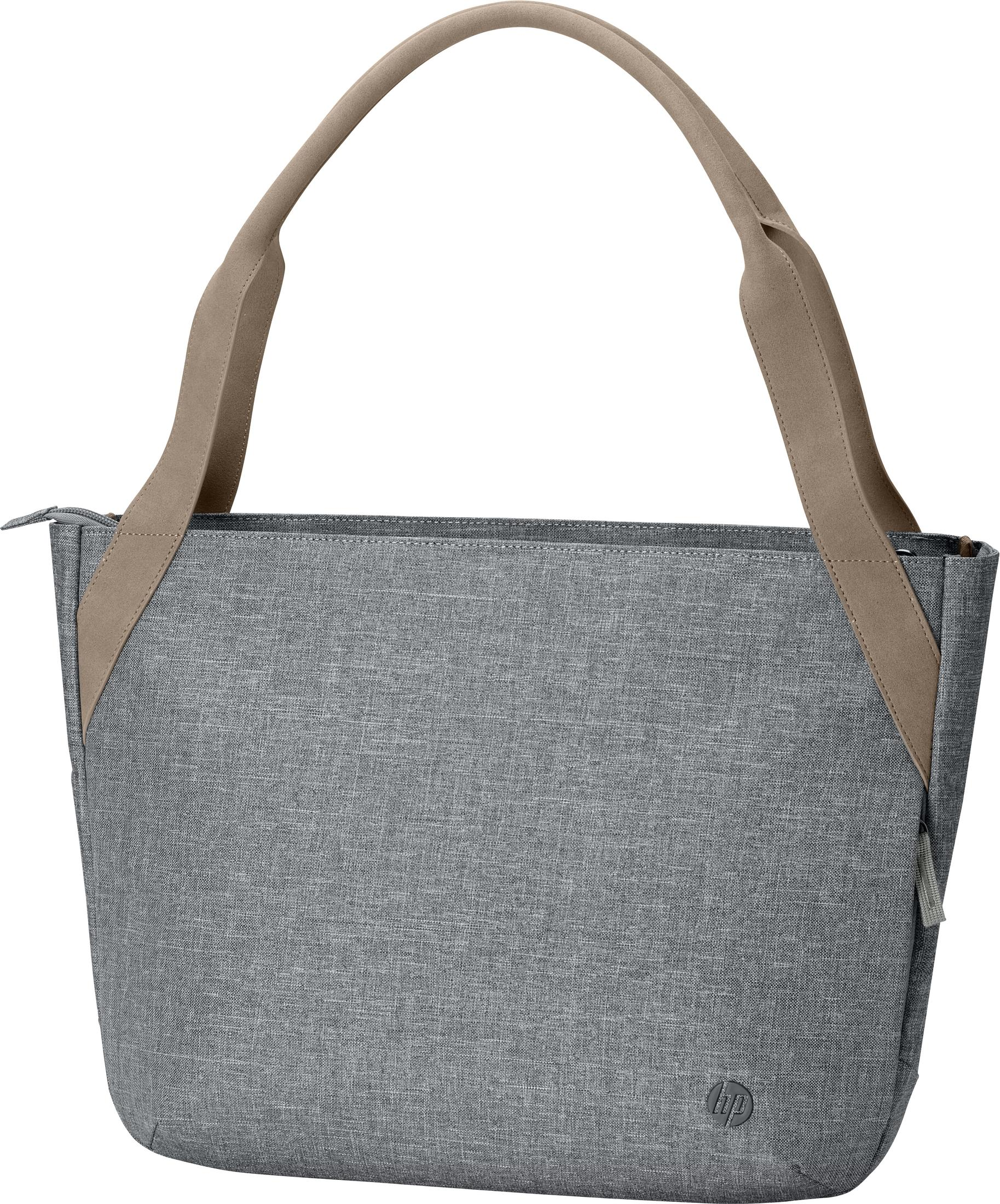 Eine graue Tasche mit grauem Korpus und braunen Trägern. Die Tasche hat ein HP-Logo.