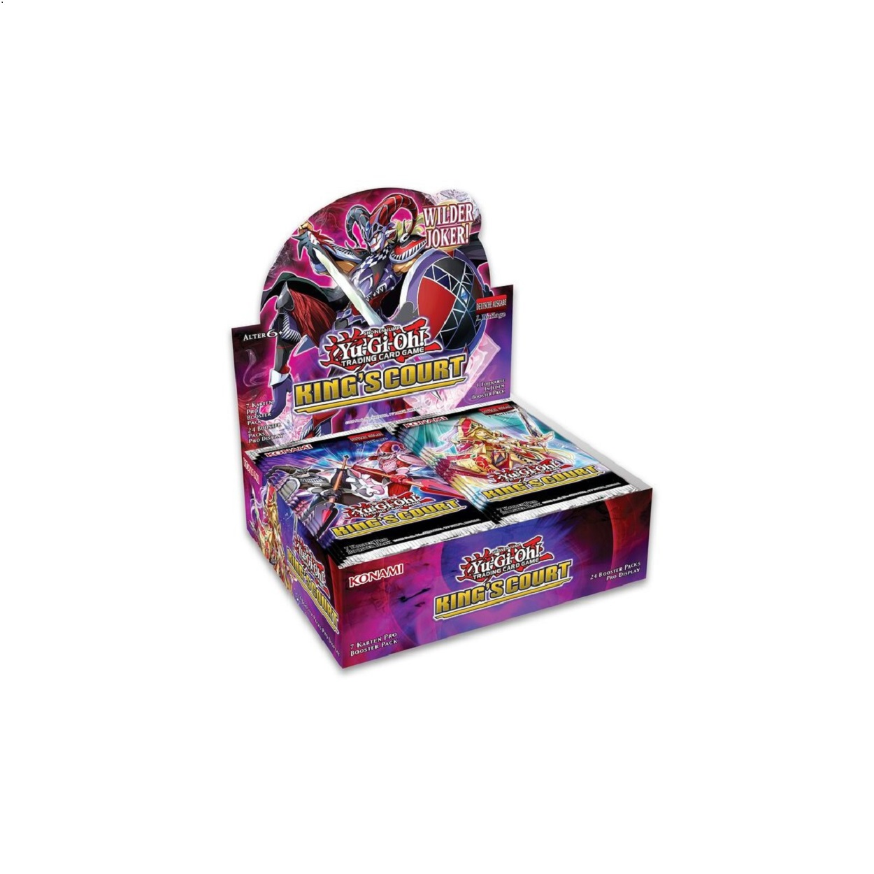 Schachtel mit Yu-Gi-Oh! King's Court Kartenpackungen. Enthält eine Cartoonfigur und das Spiellogo.