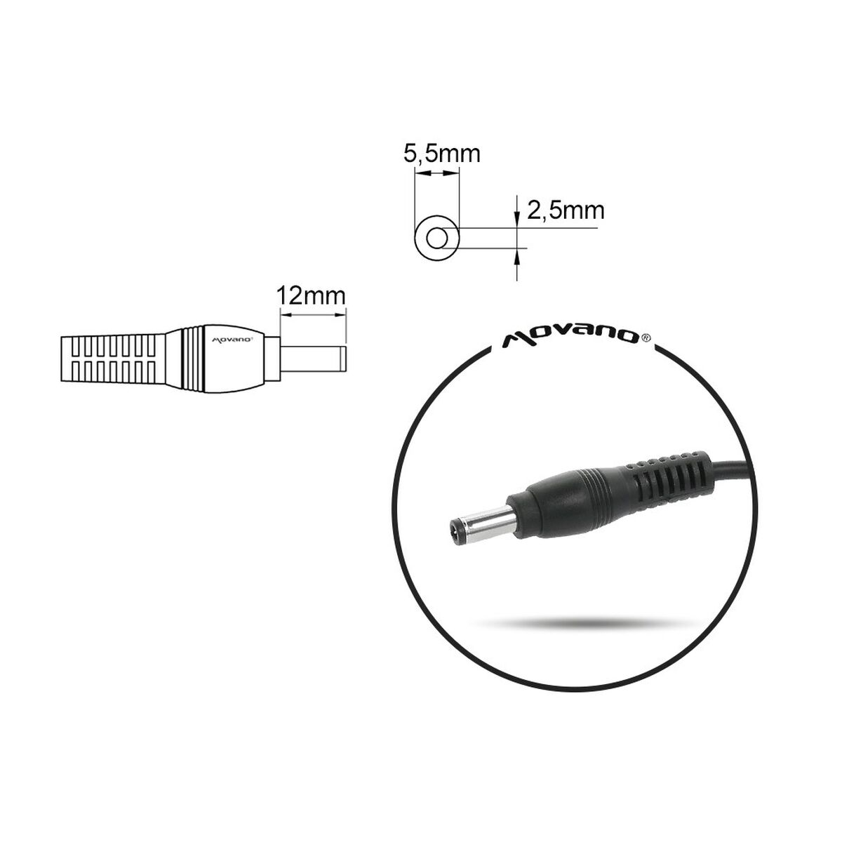 Ein Diagramm eines Netzadapters. Enthält Abmessungen und eine kreisförmige Ansicht des Adapters.