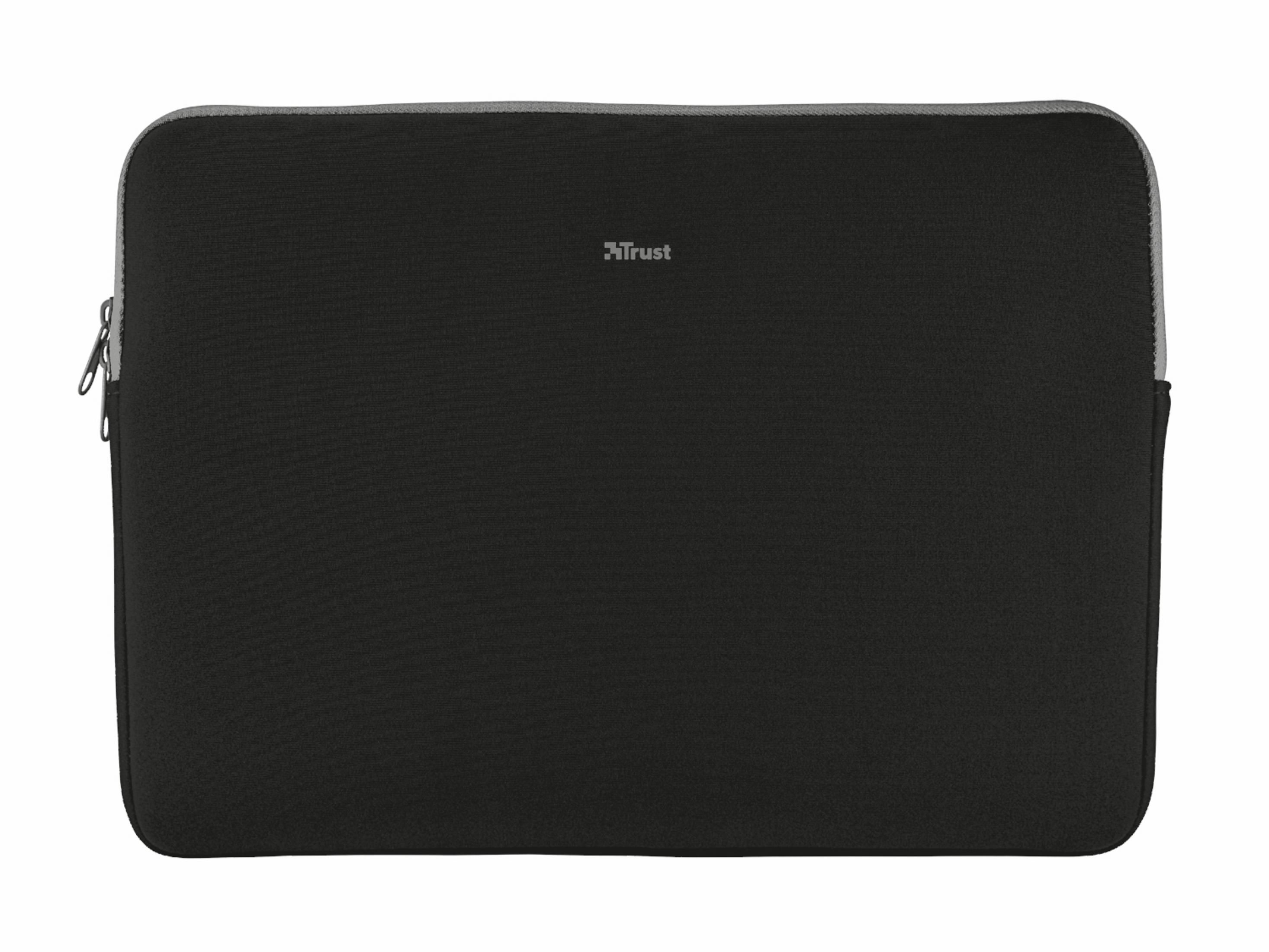 Custodia nera per laptop con cerniera. Il marchio 'Trust' è stampato sul davanti.