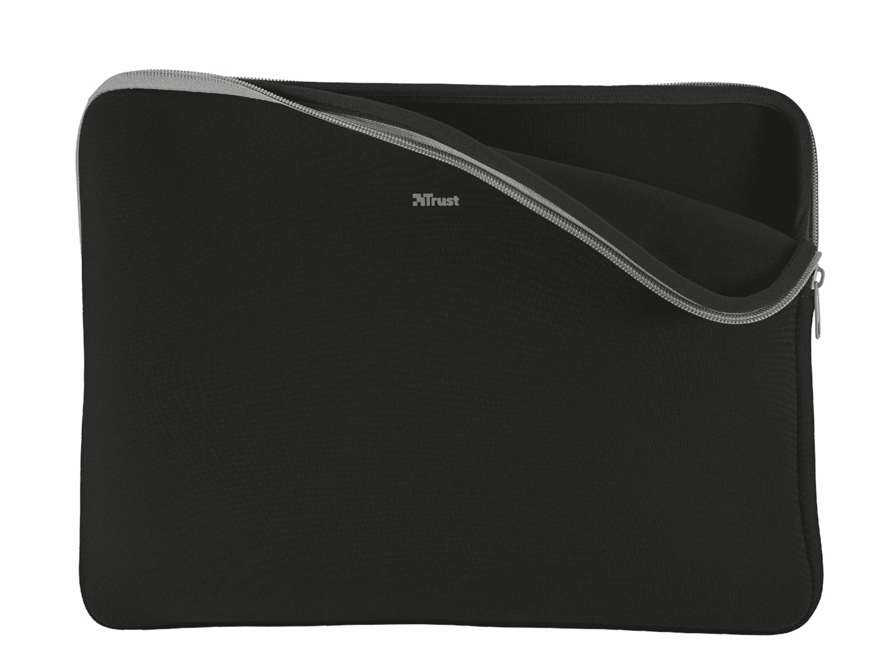 Custodia per laptop nera con cerniera. Il marchio 'Trust' è visibile.