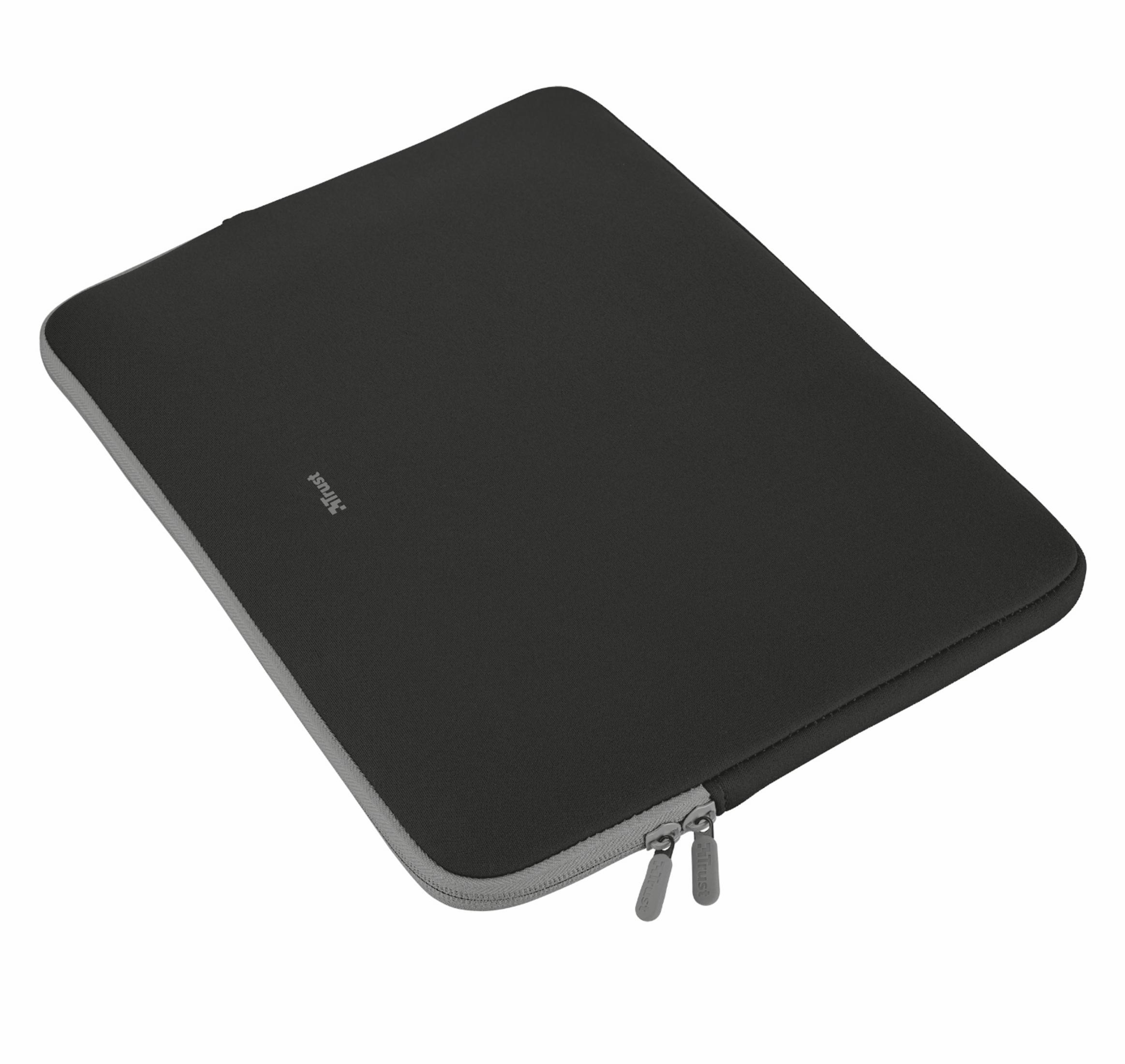 Custodia per laptop nera con cerniera grigia, chiusa.