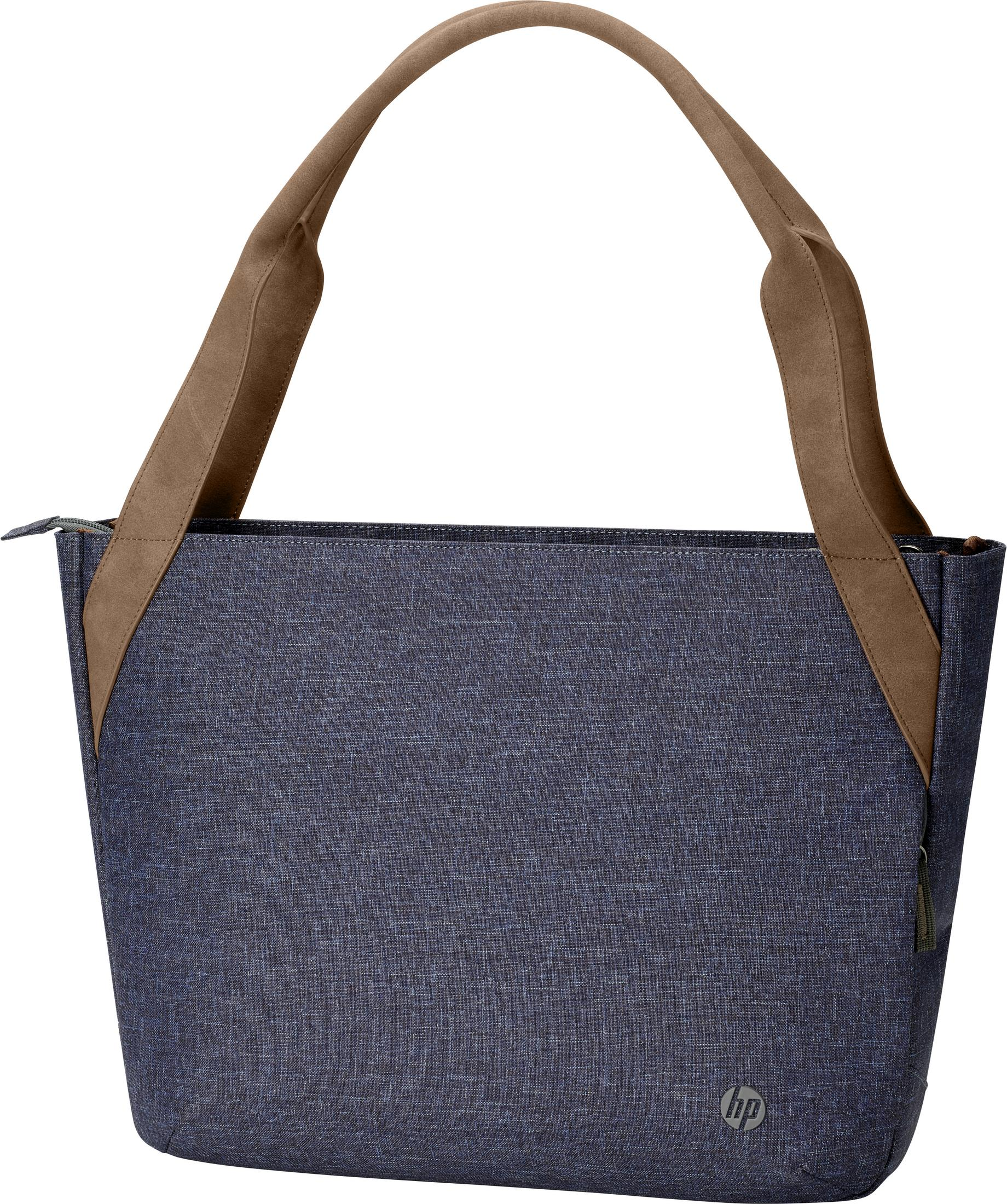 Eine blaue Tragetasche mit braunen Griffen. Die Tasche hat ein HP-Logo.