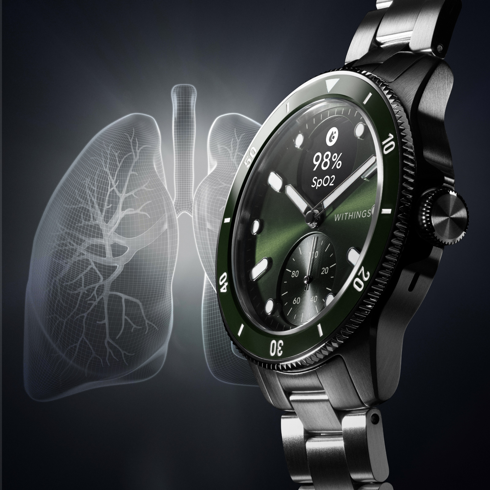 Smartwatch mit SpO2-Messwert und Lungenumriss.