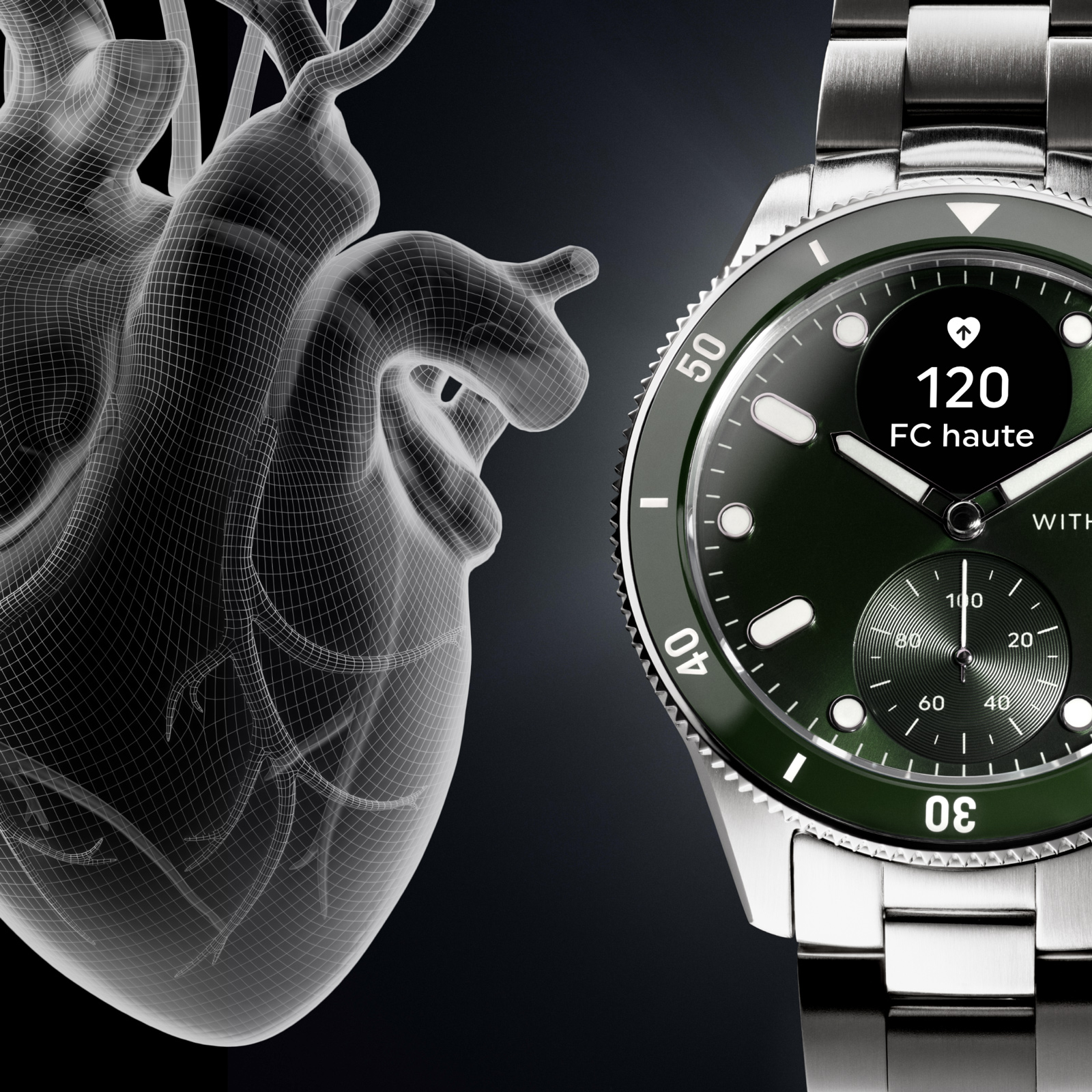 Smartwatch mit grünem Rahmen und Herz-Drahtgitter. Zifferblatt zeigt Herzfrequenz 120 und Zeit.