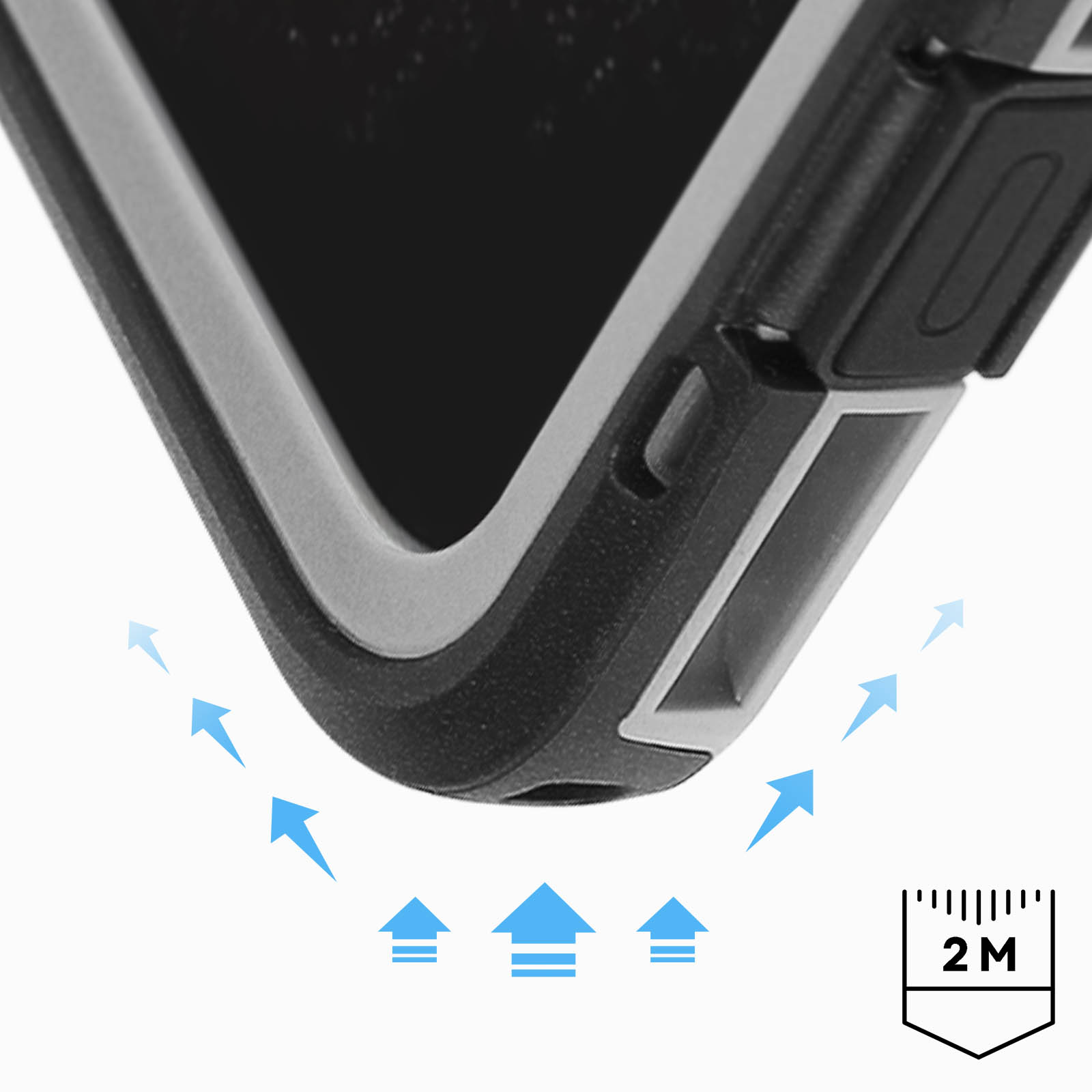 Dettaglio angolo custodia smartphone con frecce rivolte verso l'esterno. Simbolo 2m.