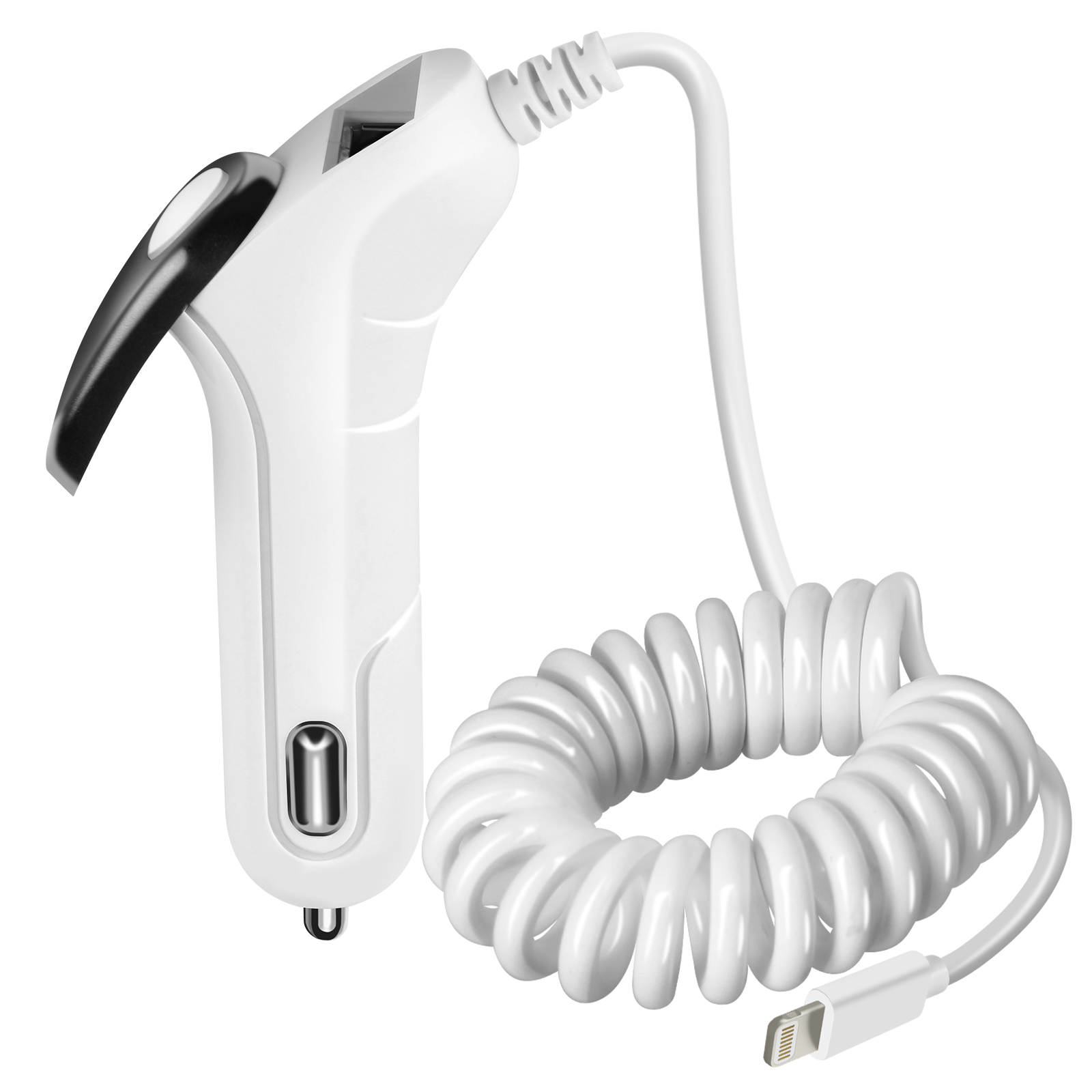 Weißes Autoladegerät mit einem spiralförmigen weißen Kabel und einem USB-Lightning-Anschluss.