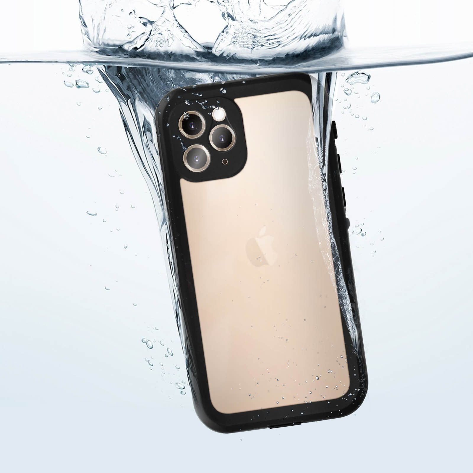Una custodia nera con un telefono all'interno è immersa nell'acqua con bolle.