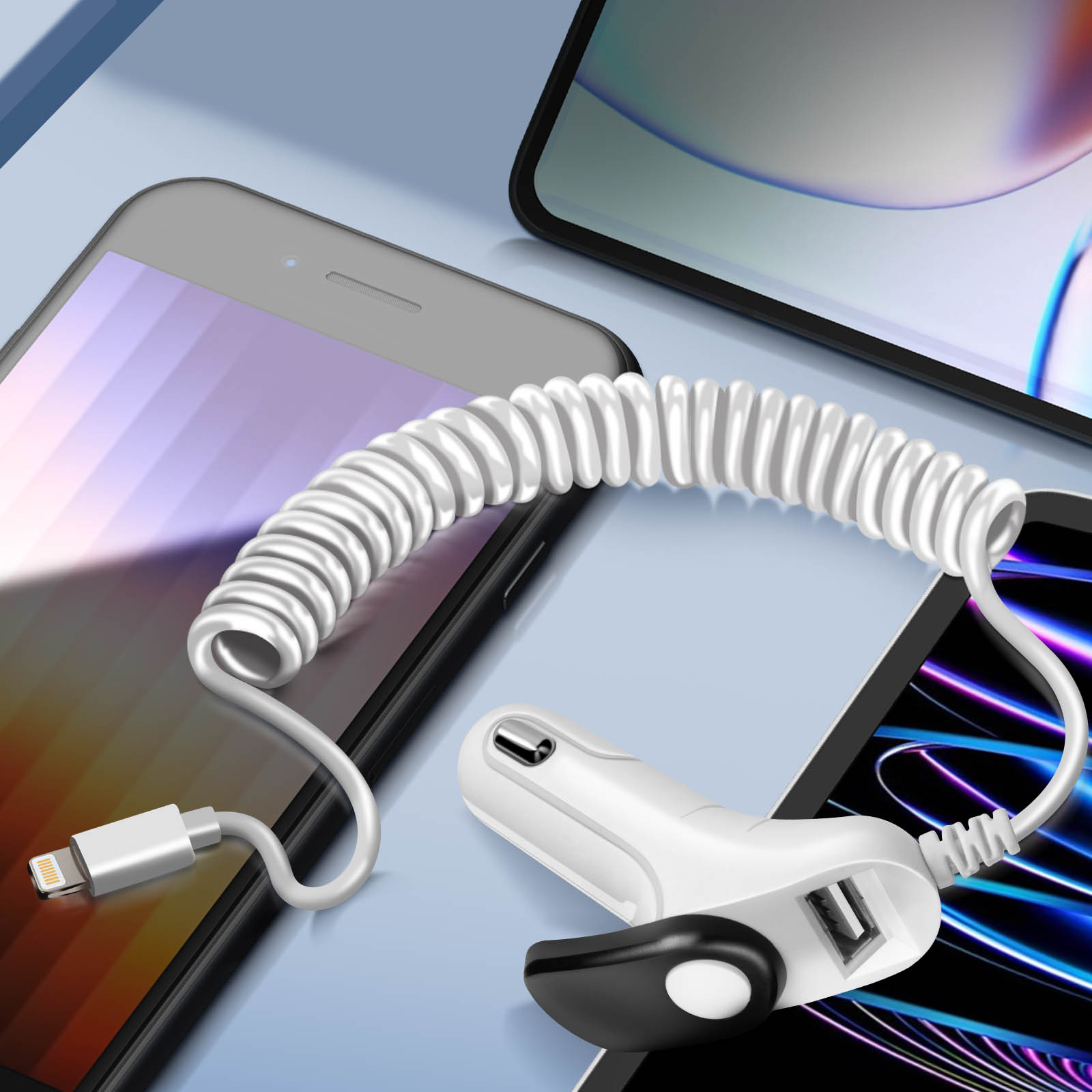Weißes und schwarzes USB-Ladekabel. Das Kabel ist aufgerollt. Telefone im Hintergrund.