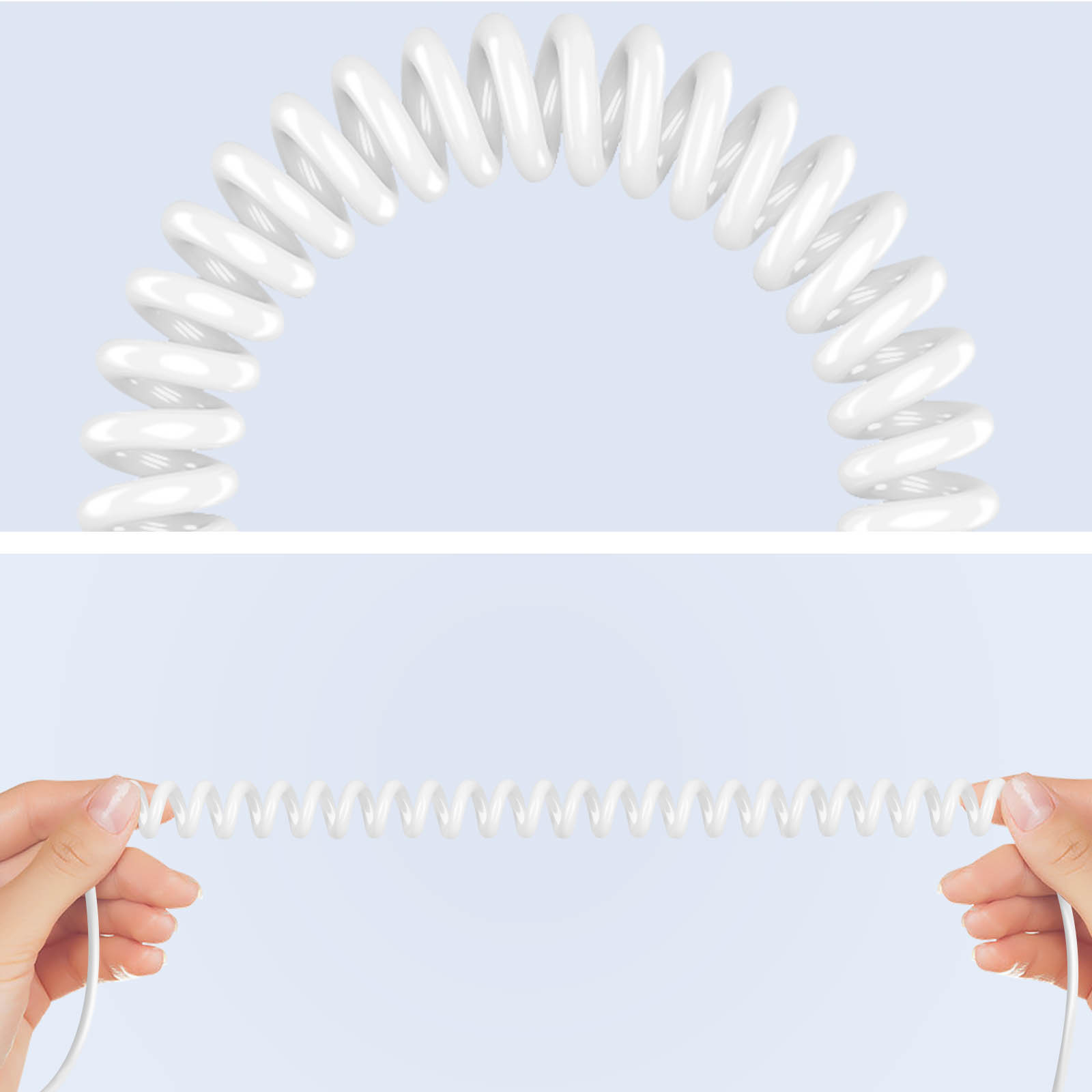 Weißes Spiralkabel in zwei Ansichten: gedehnt und aufgerollt.