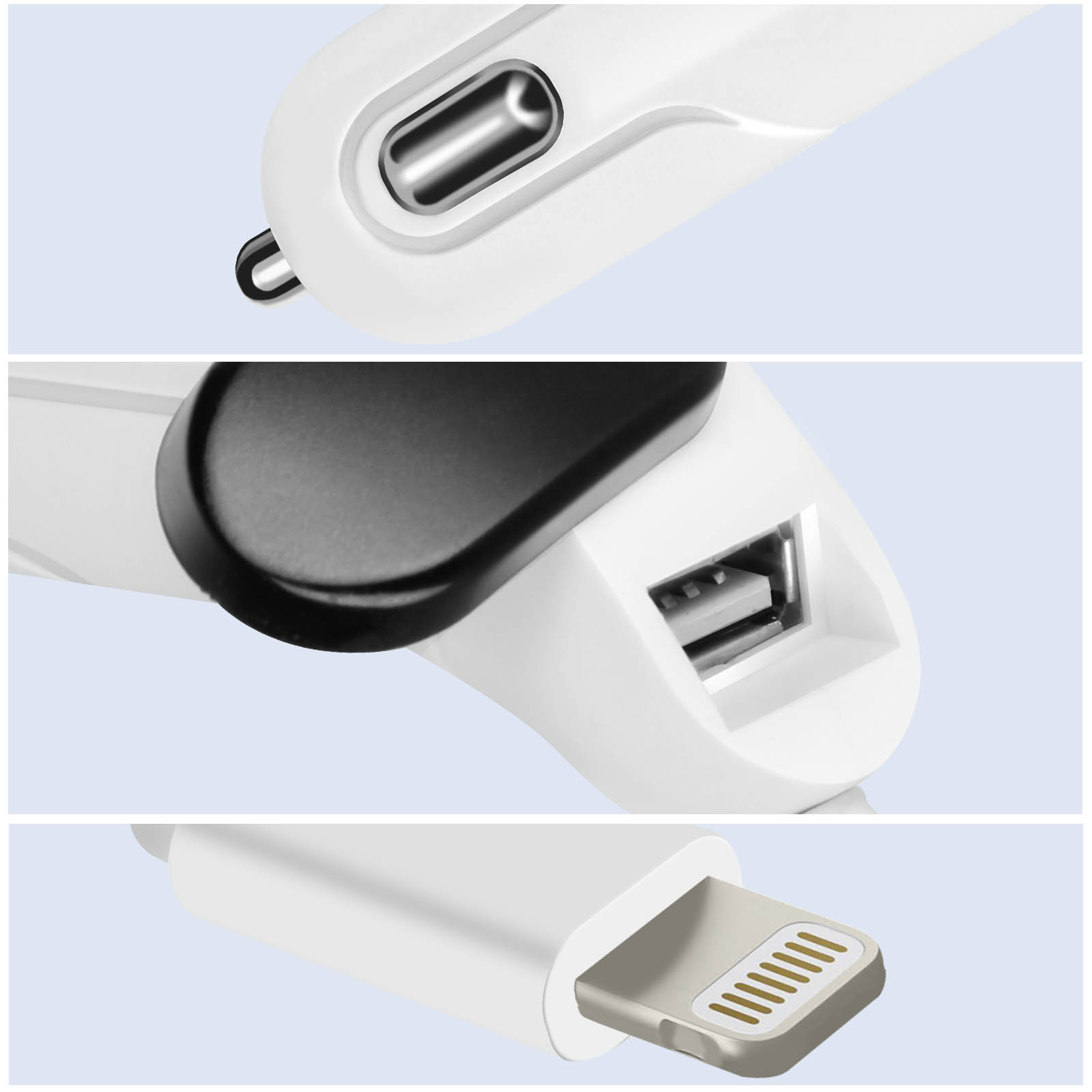 Nahaufnahme eines weißen Autoladegeräts und seines USB- und Lightning-Anschlusses. Hellblauer Hintergrund.