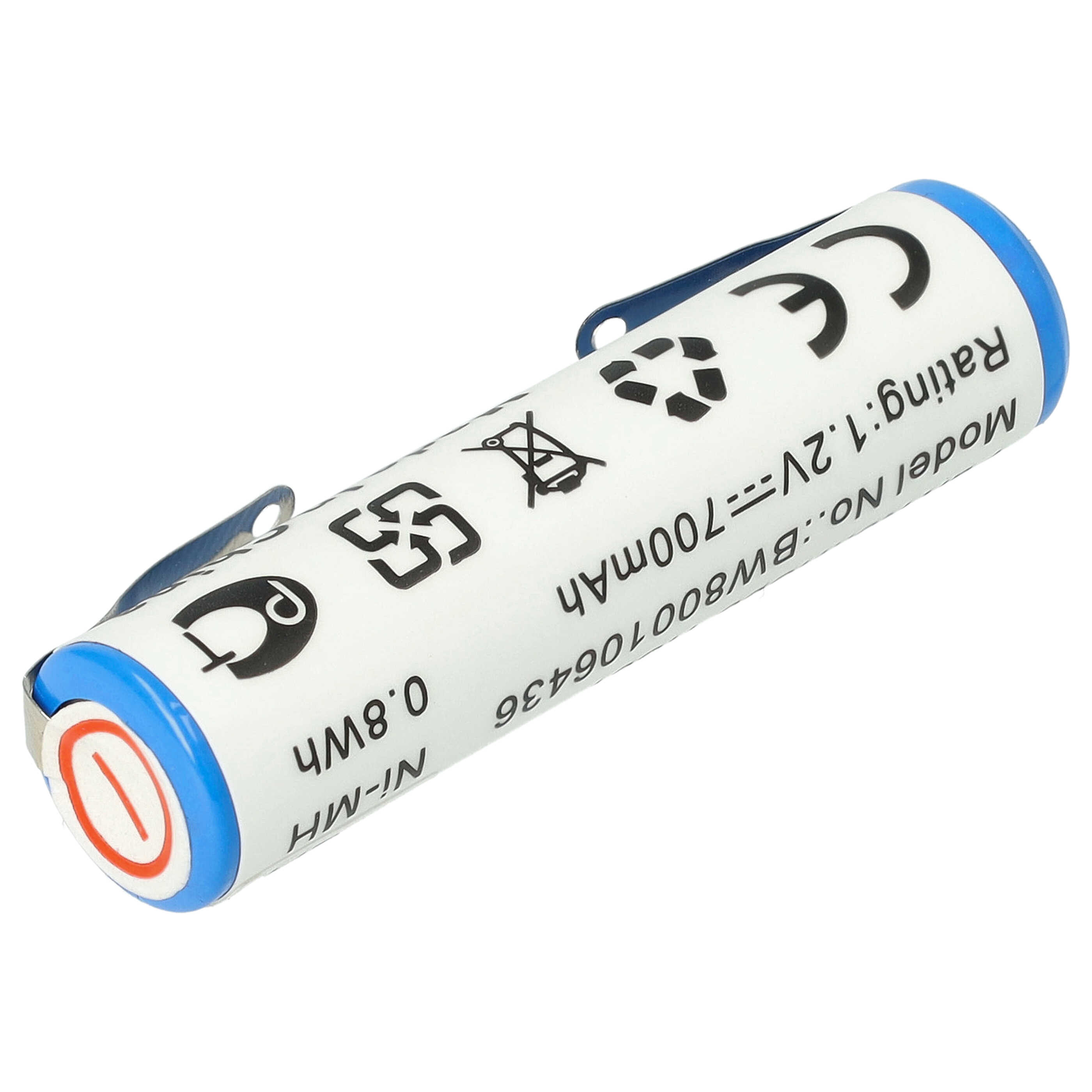 Zylindrische Batterie mit blau-weißen Etiketten und einem silbernen Clip.