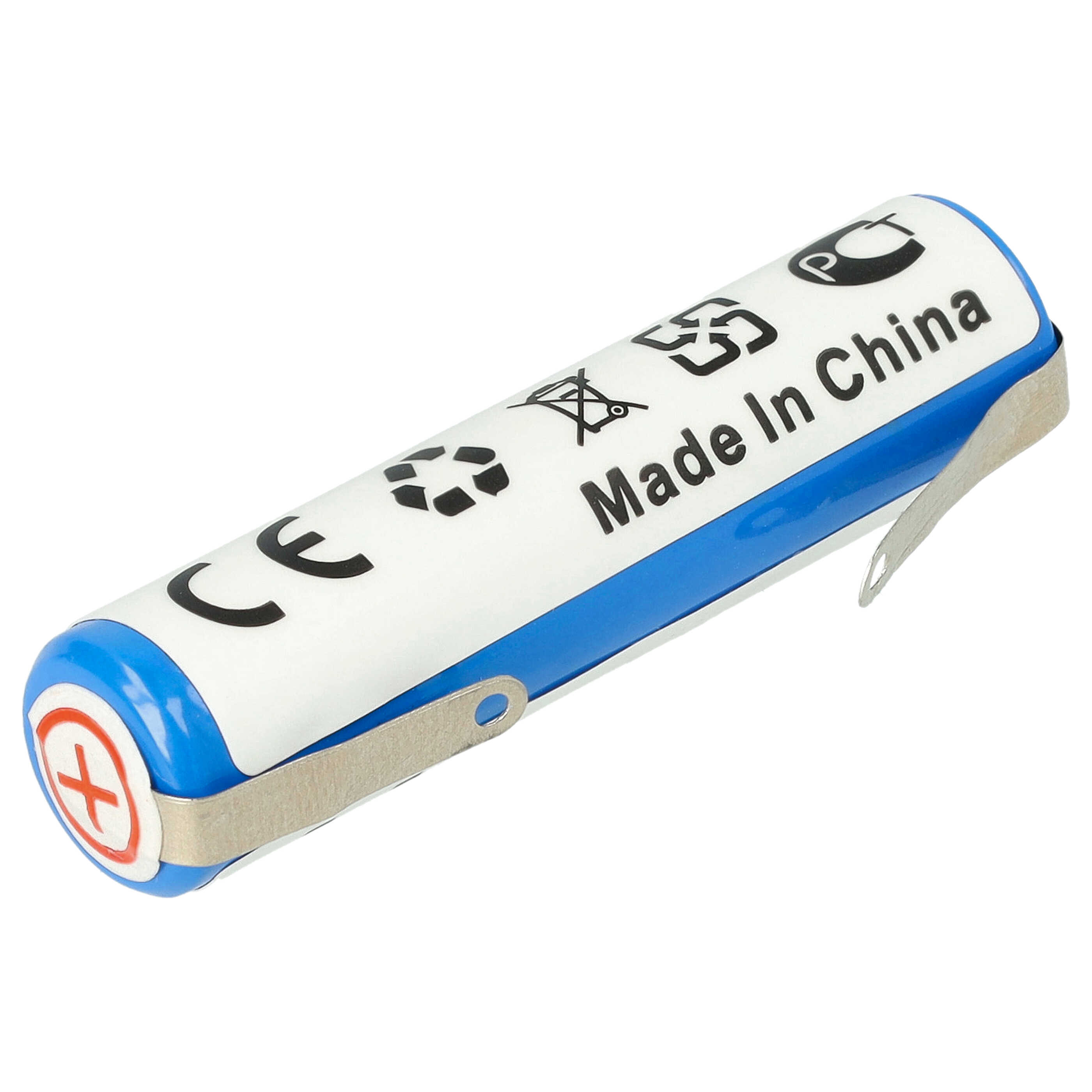 Eine Batterie mit weißem Etikett und blauen Enden. Das Etikett hat Text und Symbole darauf.