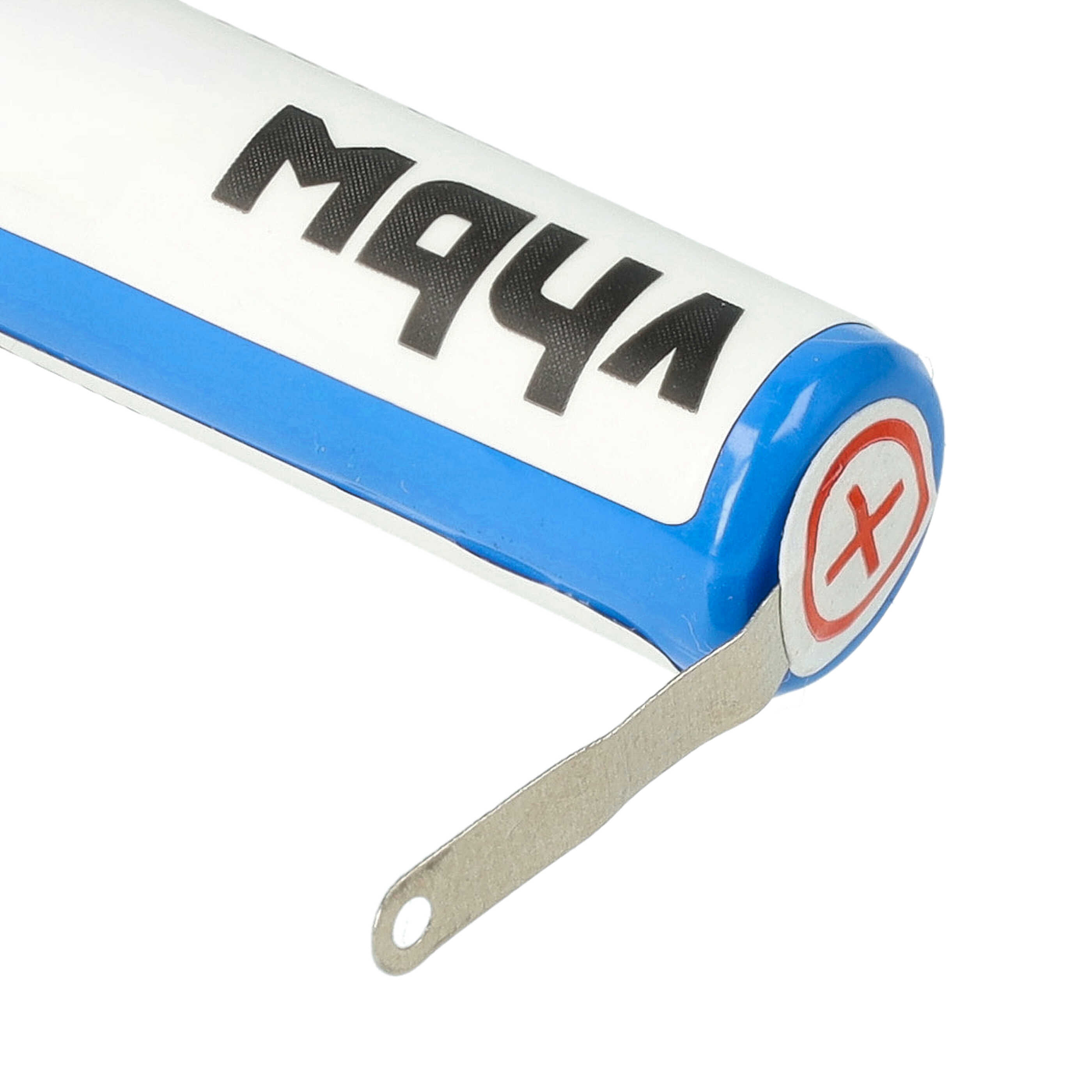 Eine zylindrische Batterie mit weißen, blauen und schwarzen Farben und einem Metallkontakt.