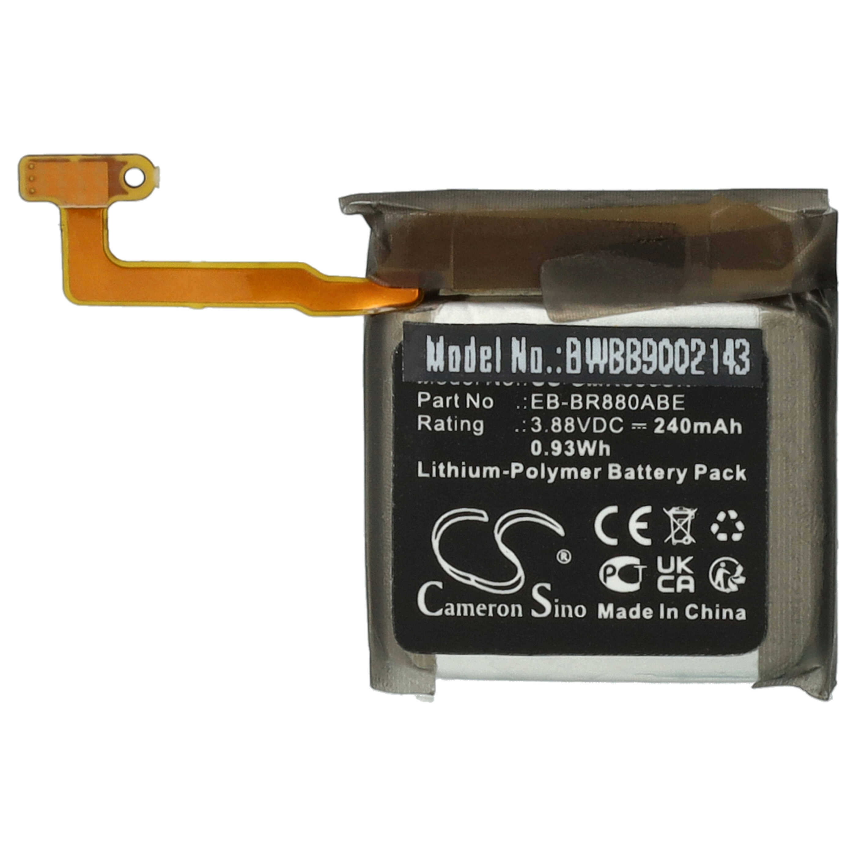 Kleine schwarze Batterie. Text: BWBB9002143, 3.88VDC, 240mAh. Anschluss angebracht.