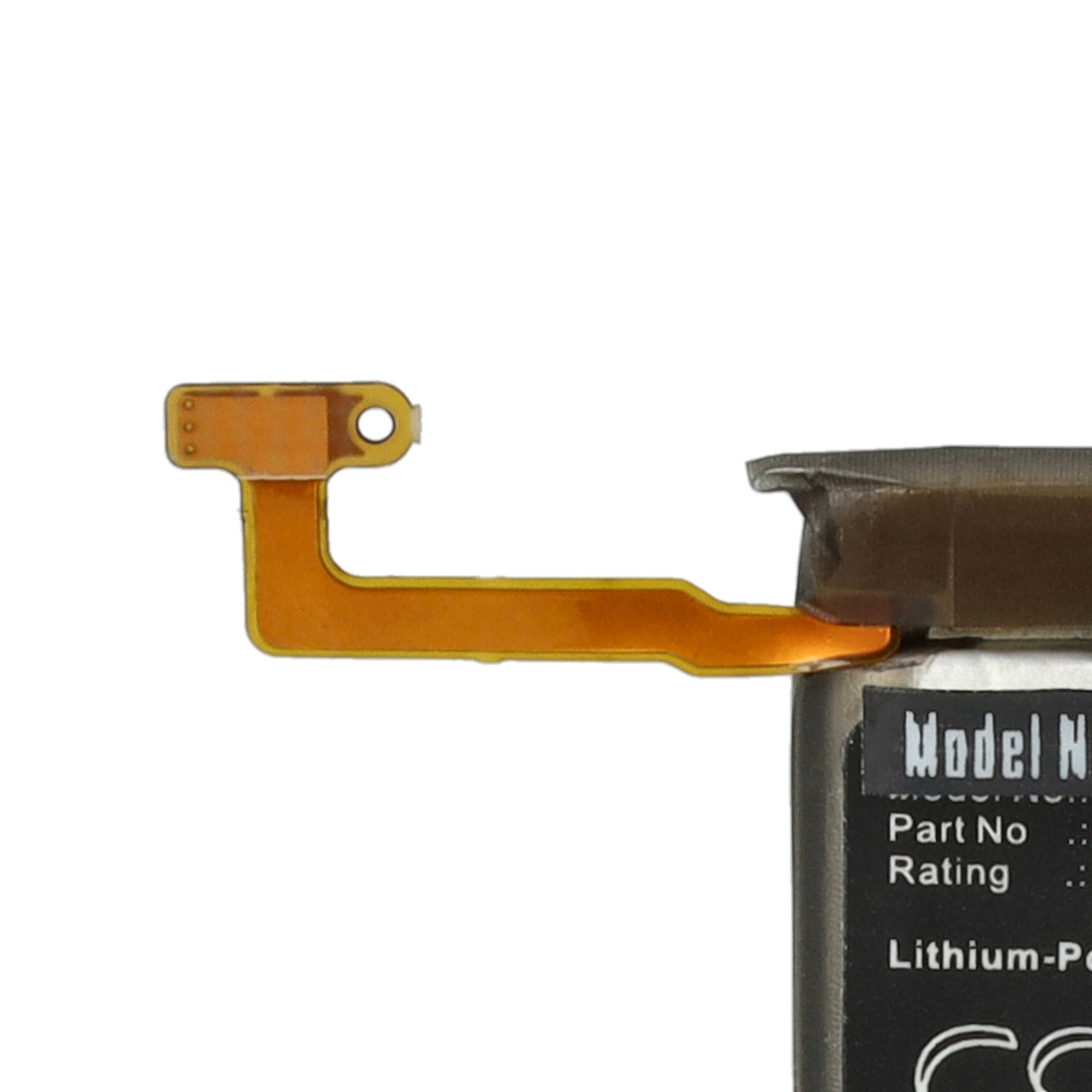 Nahaufnahme eines kleinen goldenen Anschlusses einer Batterie. Orangefarbenes Flexkabel angeschlossen.