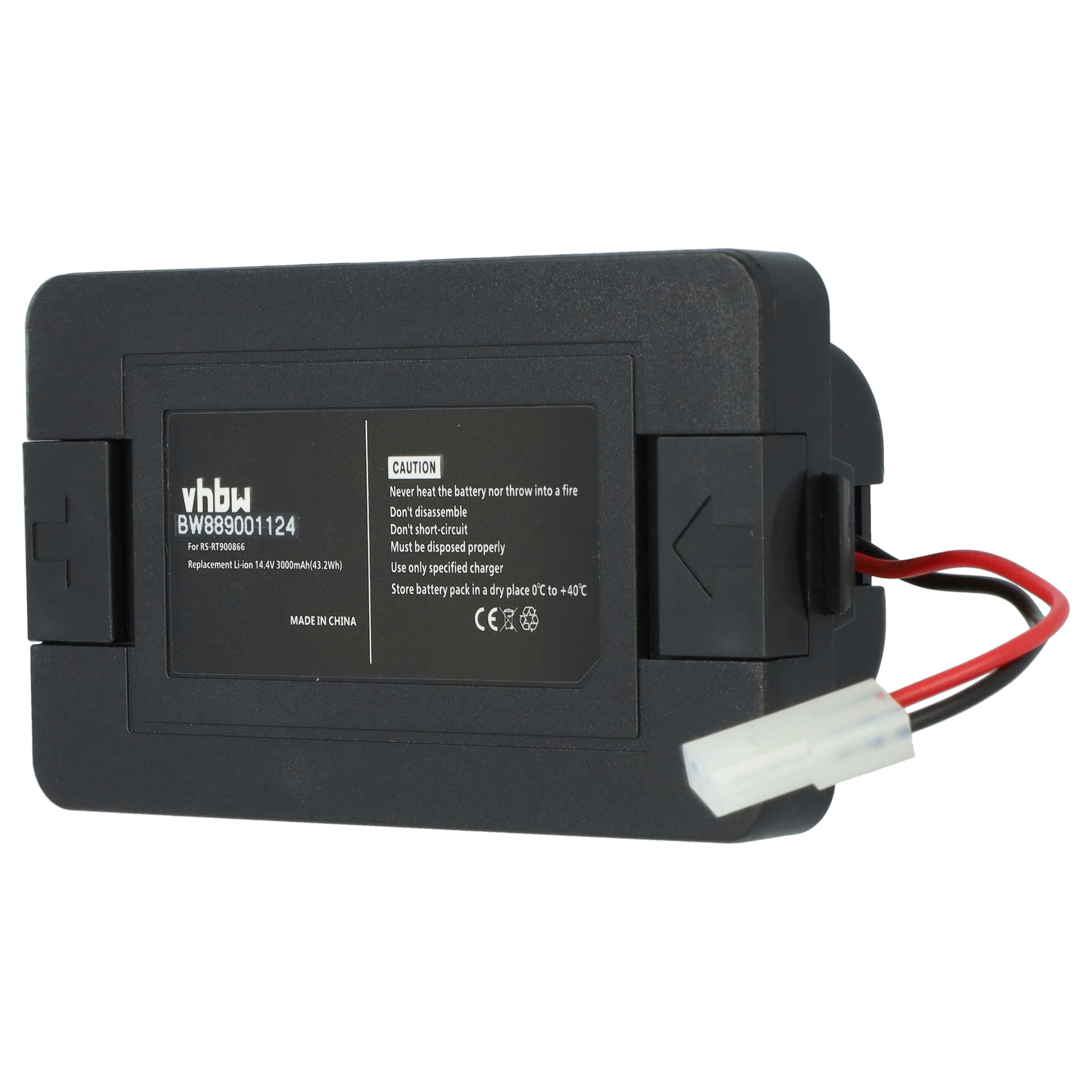 Schwarzes Akkupack mit Warnhinweisen. Ein weißer Stecker und rot/schwarze Drähte ragen heraus.
