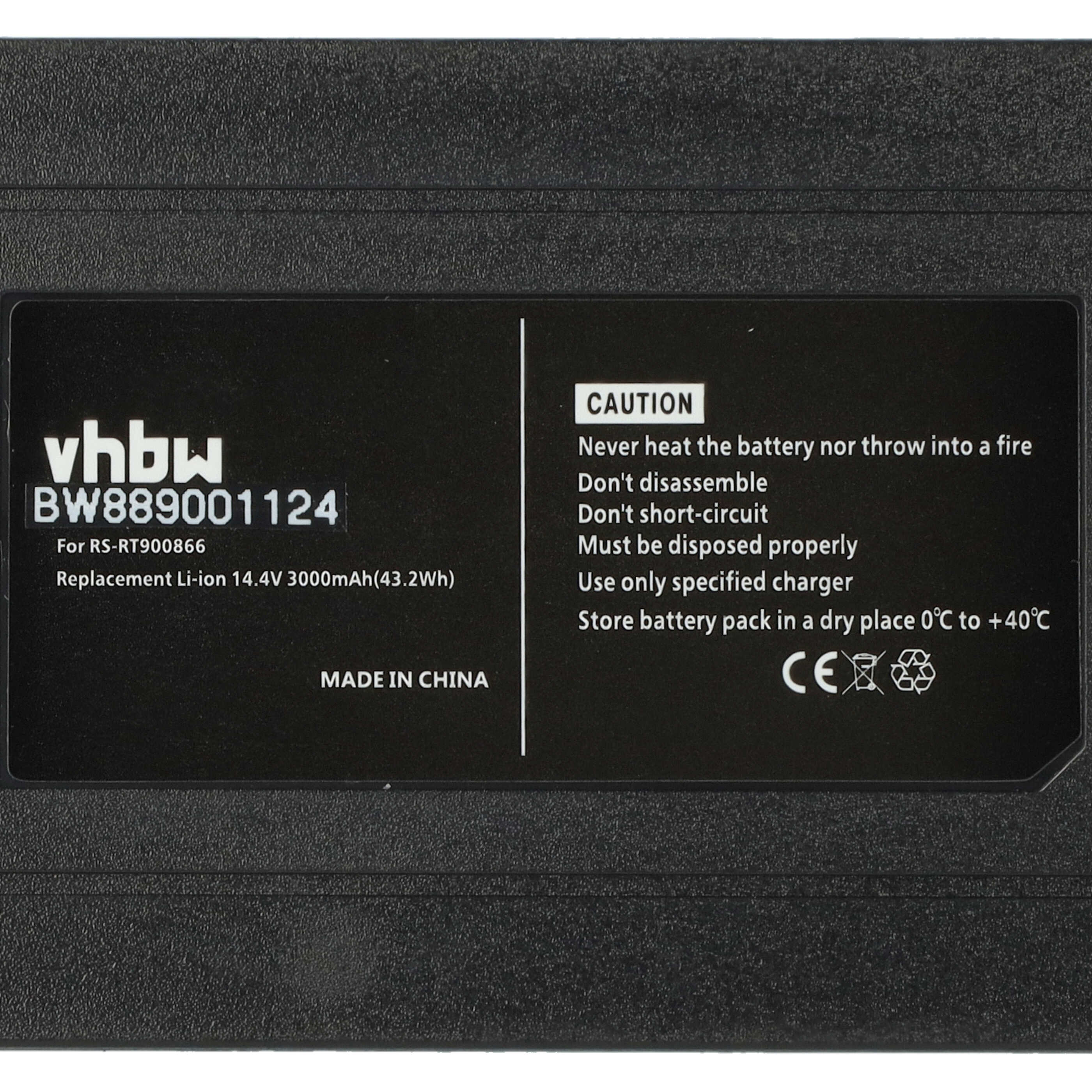 Ein schwarzes Batteriepack mit einem Warnhinweis. Das Etikett enthält Text und ein CE-Zeichen.