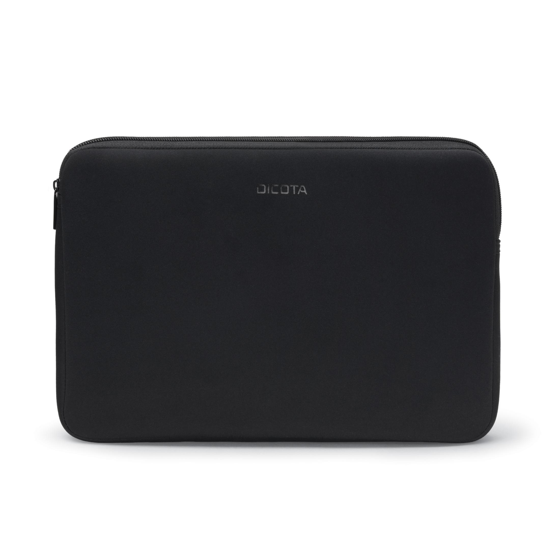 Custodia nera per laptop con cerniera. Il marchio DICOTA è scritto sopra.