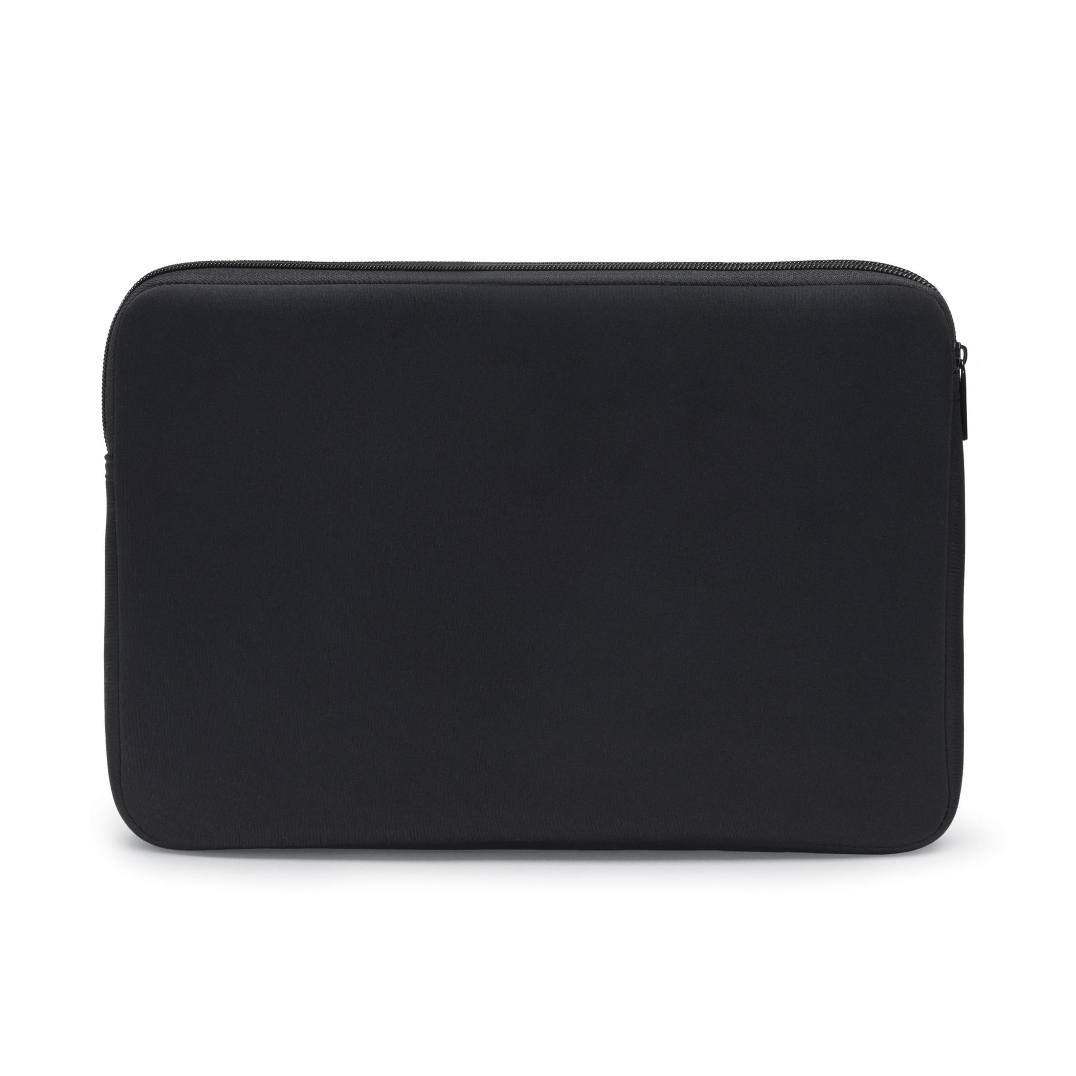 Una custodia per laptop nera con chiusura a cerniera, su sfondo bianco. La custodia è rettangolare.