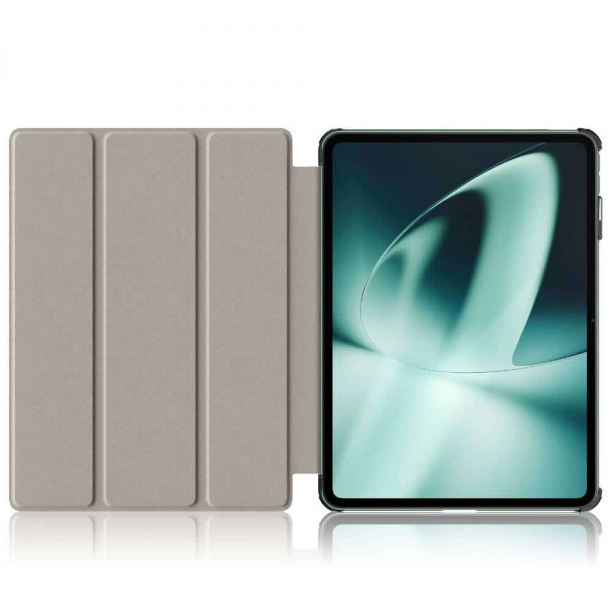 Tablet-Hülle, geöffnet, zeigt das Tablet. Die Hülle ist grau, der Tablet-Bildschirm hat ein abstraktes Design.