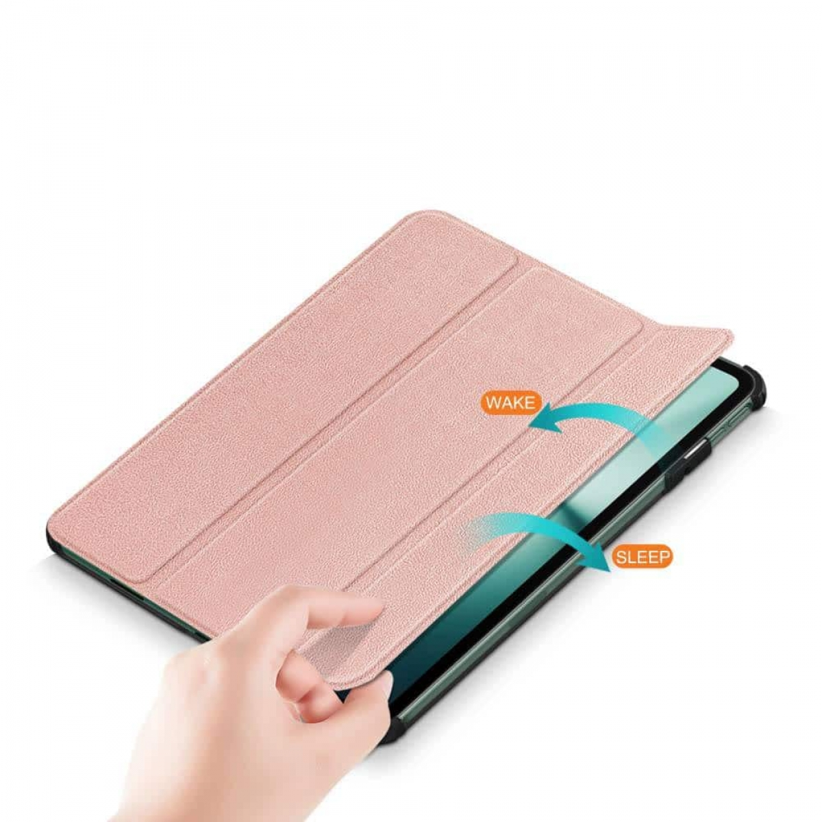 Rosafarbene Tablethülle, geöffnet, mit Hand. Pfeile zeigen 'wake' und 'sleep'.