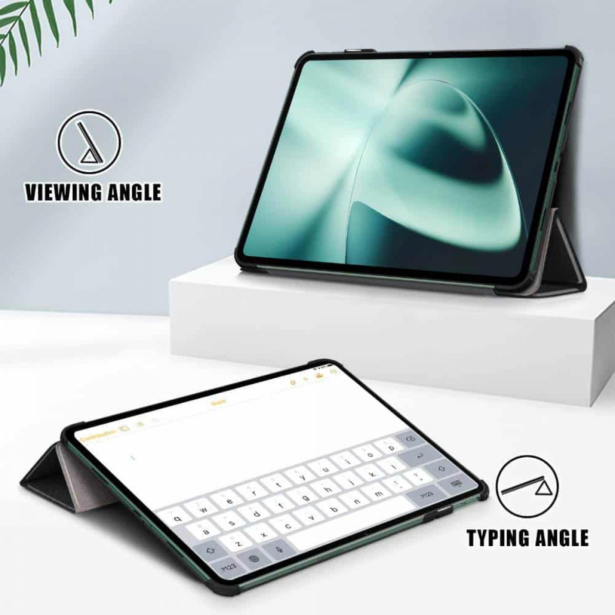 Tablet mit Tastaturhülle, zeigt den Schreib- und Betrachtungswinkel, weißer Hintergrund.
