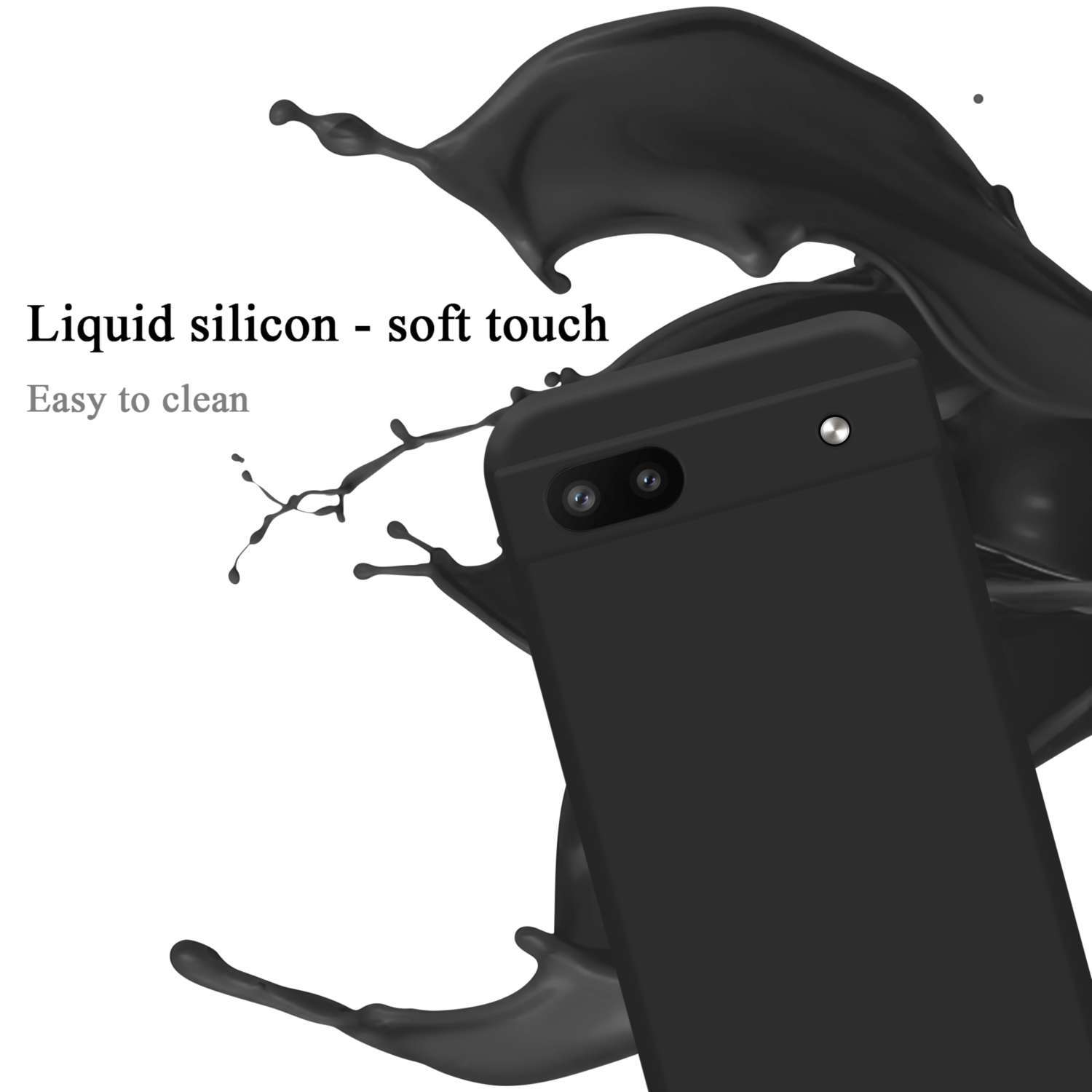 Telefono nero con doppia fotocamera e testo che dice Silicone liquido - tocco morbido e facile da pulire.