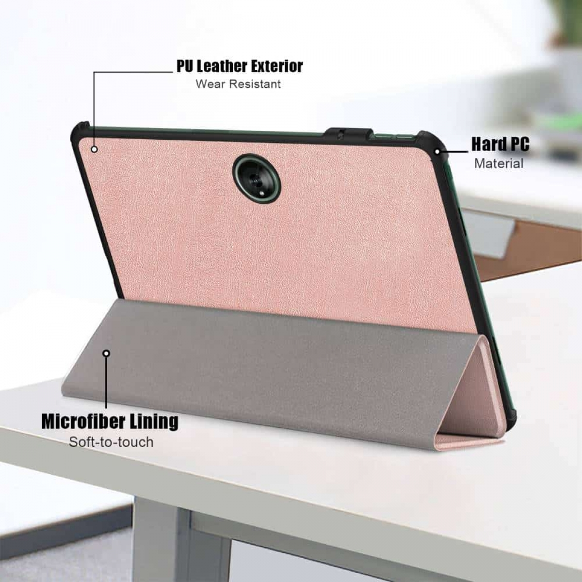 Tablet-Hülle mit rosa Lederaußen und grauem Ständer. Weiche Mikrofaser-Innenauskleidung.