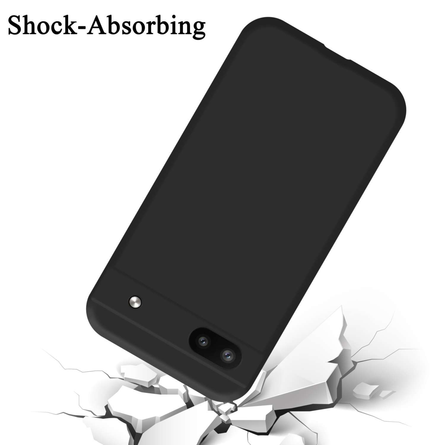 Una custodia per telefono nera che cade su una superficie. La custodia è etichettata come 'Shock-Absorbing'.