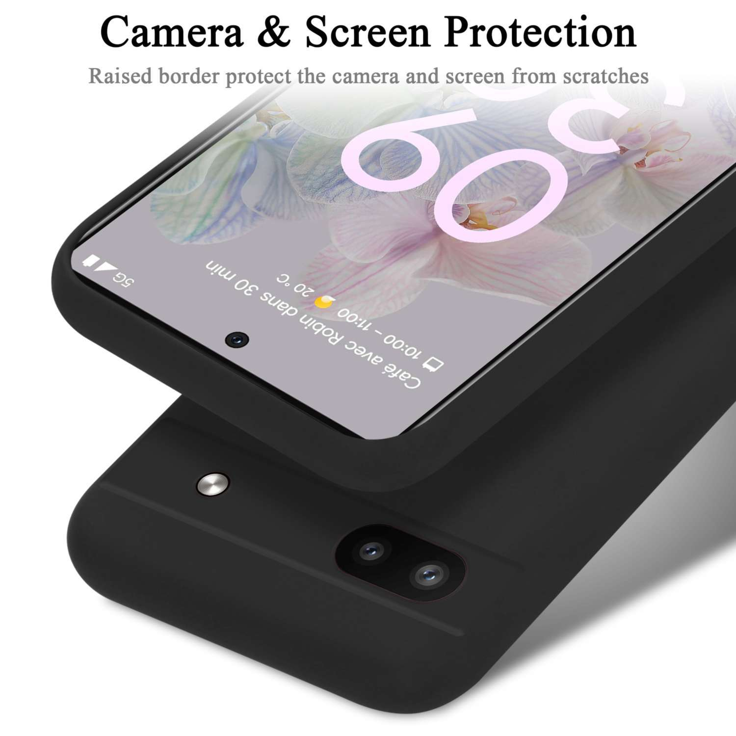 Una custodia nera con un telefono, che mostra lo schermo e la protezione della fotocamera.