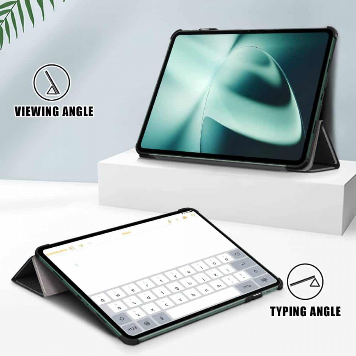 Tablet in einem Gehäuse. Ein Bild zeigt den Tippwinkel, das andere den Betrachtungswinkel.