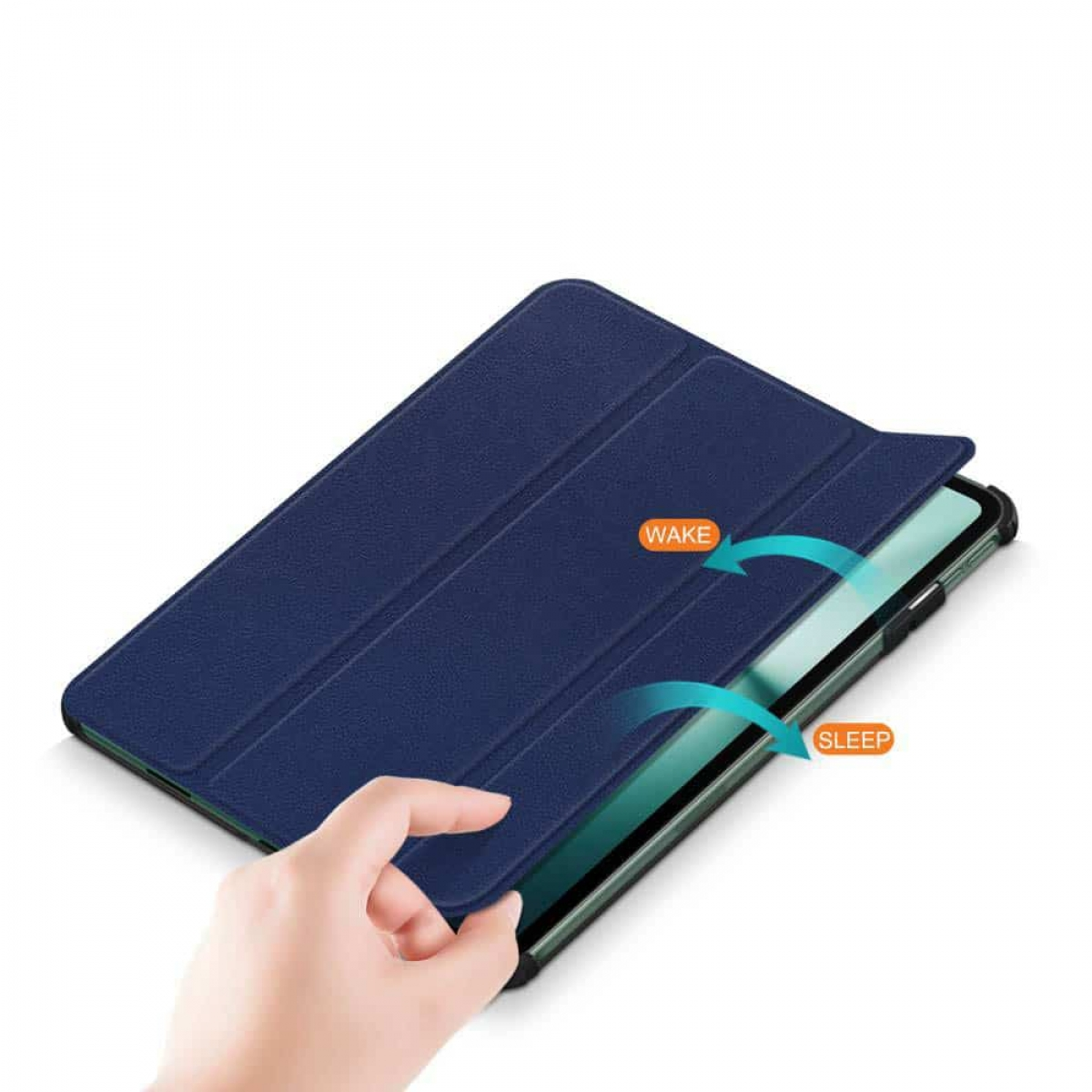 Blaue Tablet-Hülle offen, mit Hand, die sie schließt. Text: Wake und Sleep.