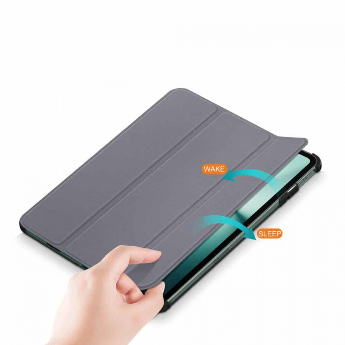 Graue Tablethülle, die von einer Hand geöffnet wird. Pfeile zeigen die Wörter 'Wake' und 'Sleep'.