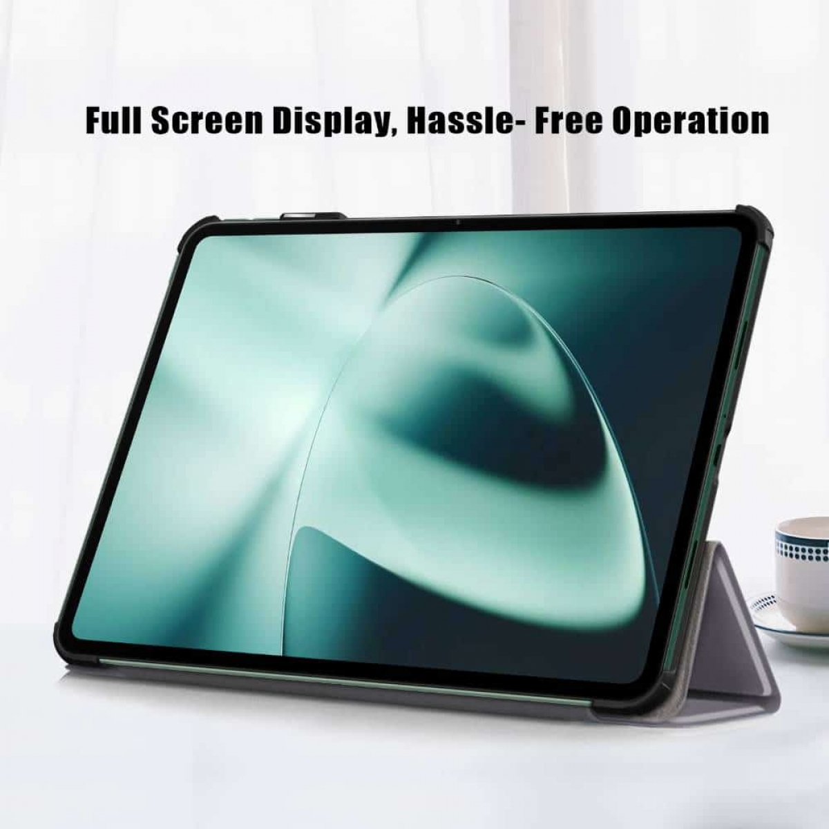 Tablet mit schwarzem Gehäuse, in einem Ständer. Der Bildschirm zeigt grünen Hintergrund.
