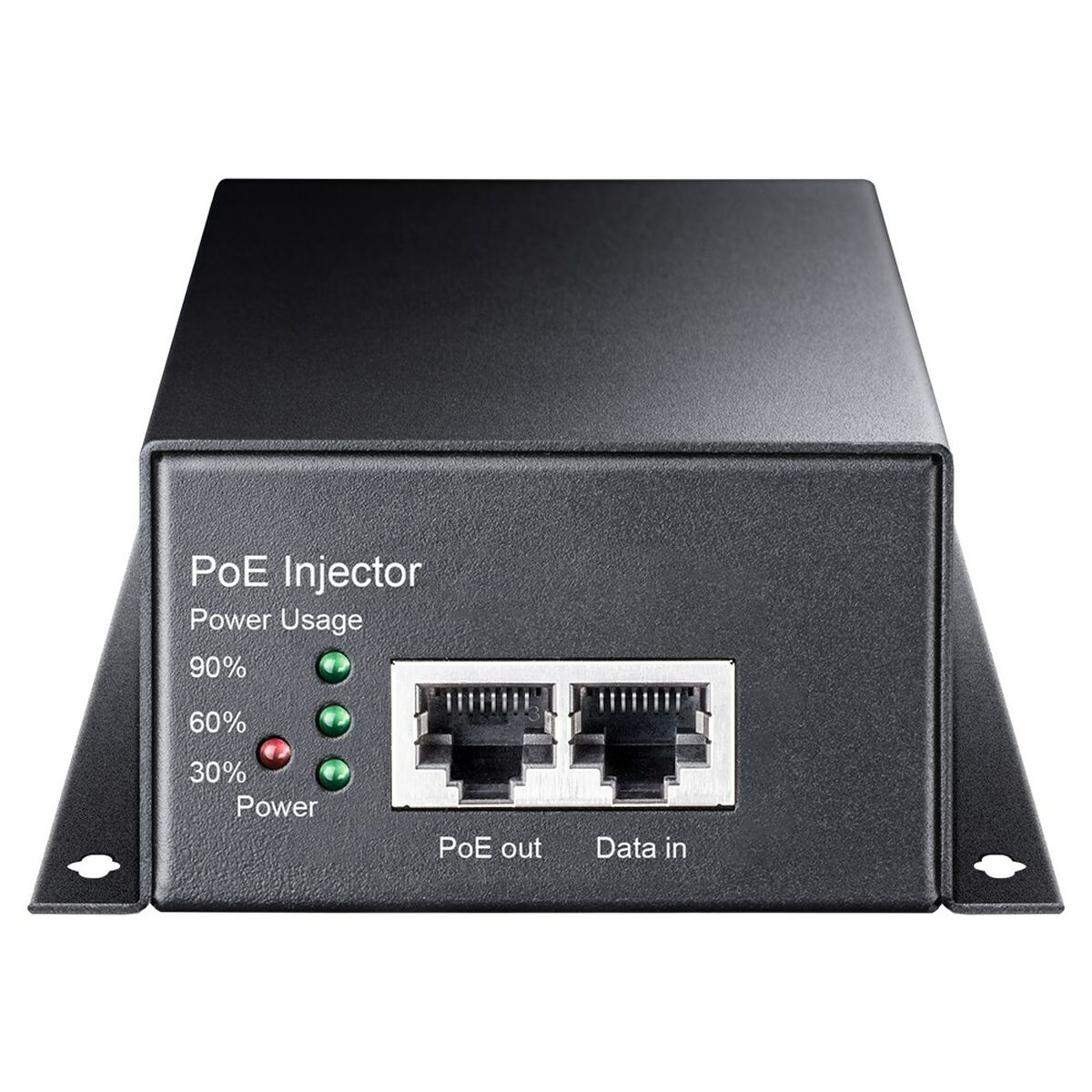 Schwarzer PoE-Injector-Kasten mit mehreren Anschlüssen und Kontrollleuchten, auf weißem Hintergrund.
