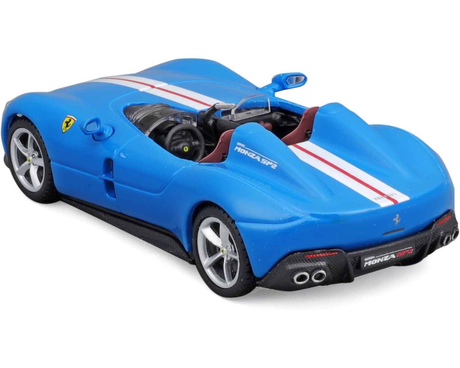 Blaues Ferrari Monza SP2 Modellauto. Weiße und rote Streifen, schwarze Details.