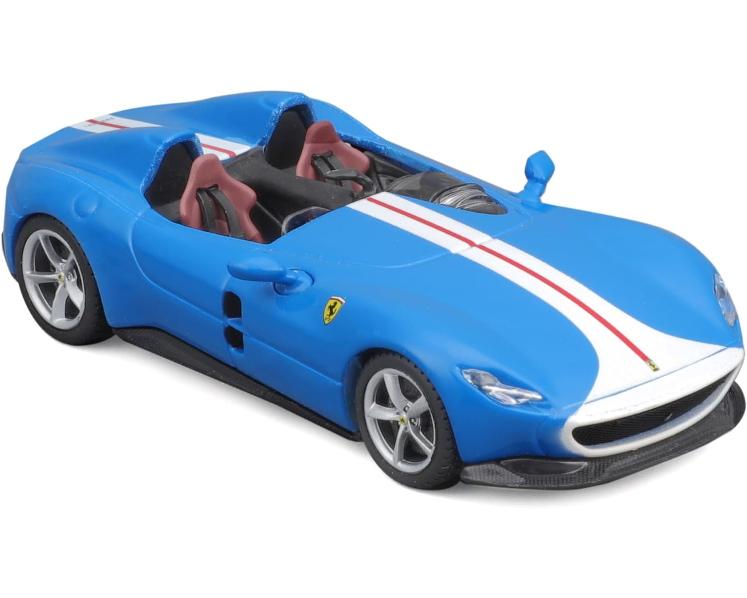 Ein blaues Spielzeugauto mit weißem Streifen auf der Motorhaube, rote Sitze.