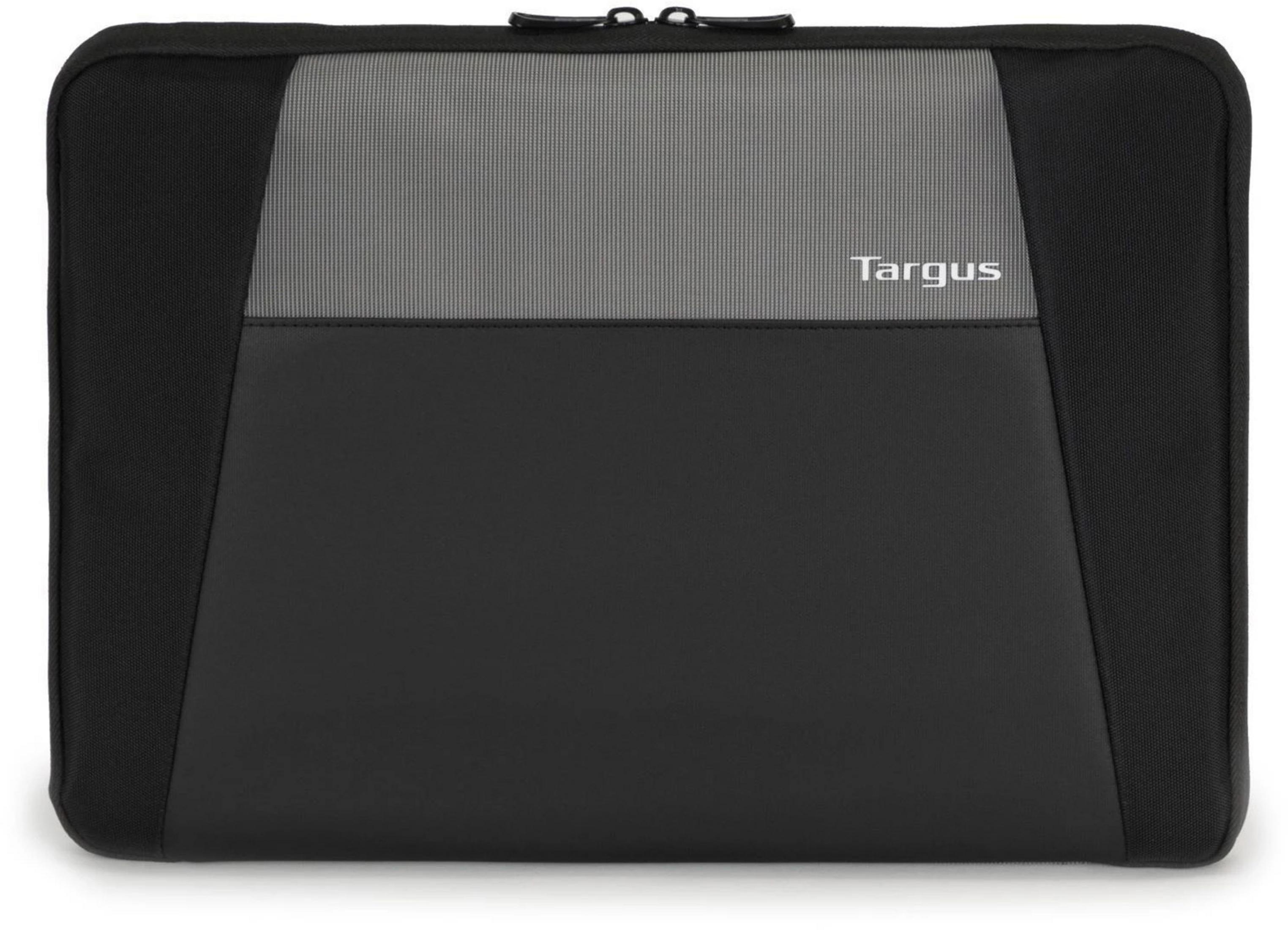 Custodia nera per laptop con striscia grigia, il logo Targus è visibile.