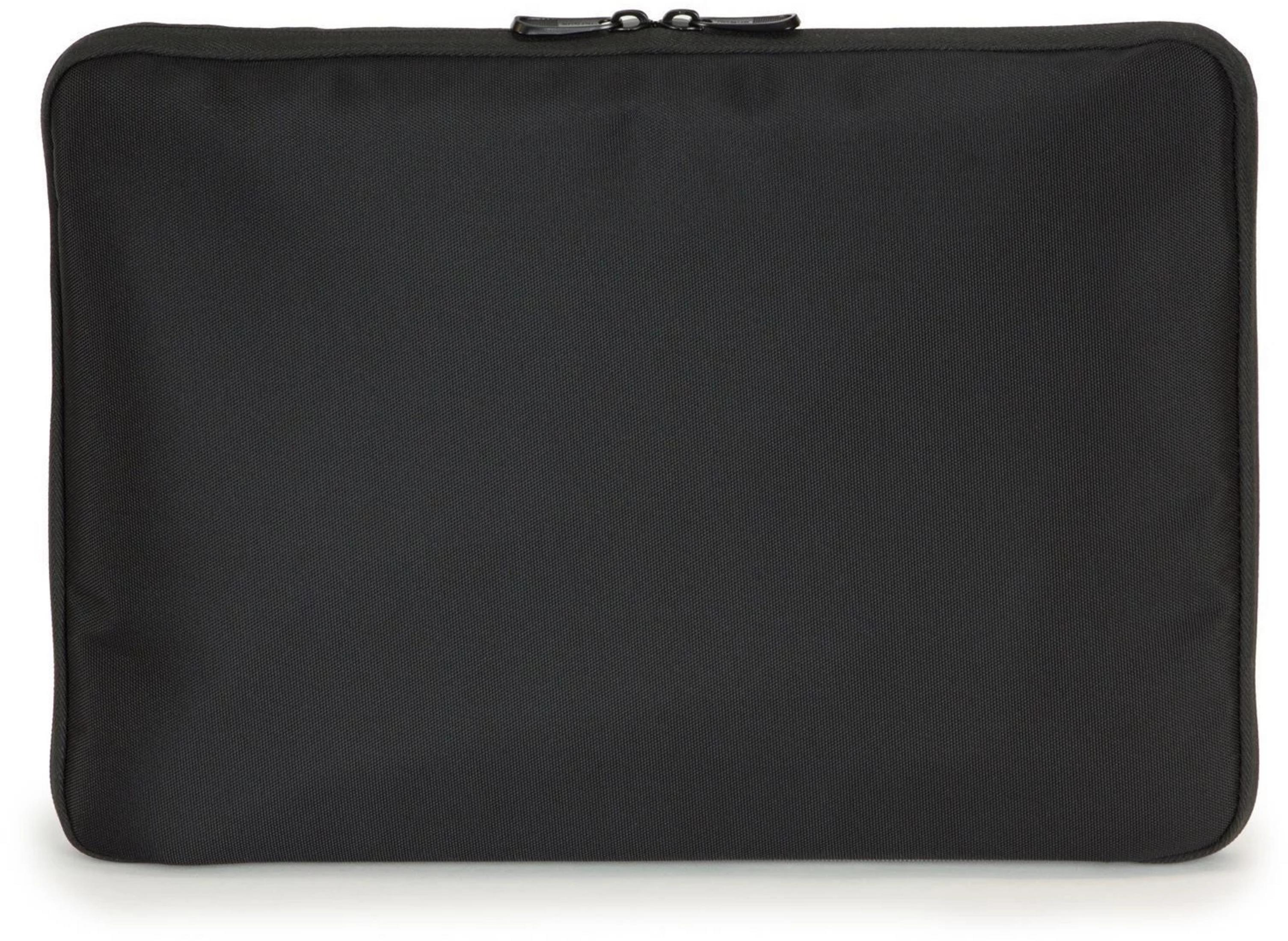 Custodia nera per laptop, vista dall'alto, tessuto nero semplice, cerniera nera.
