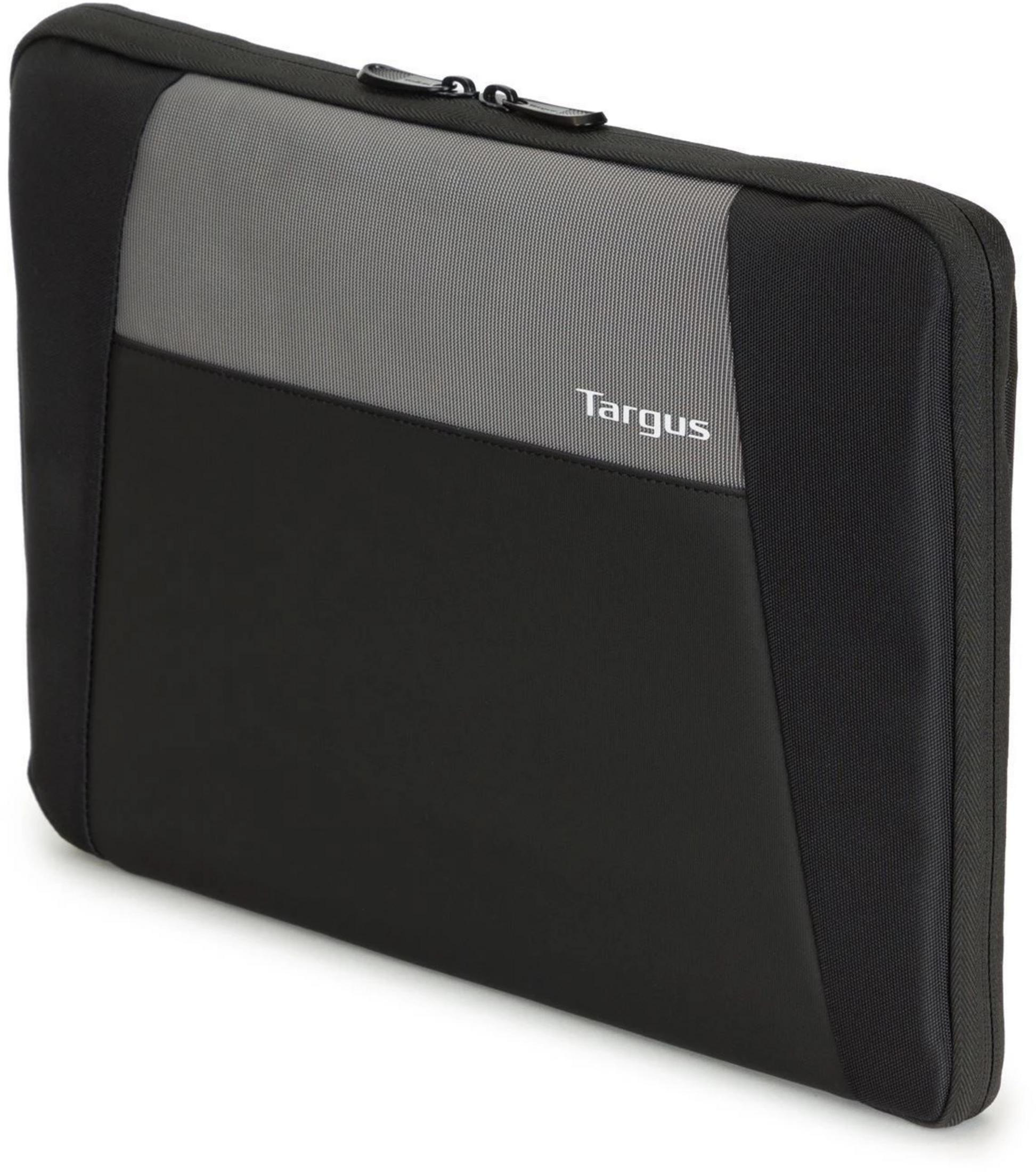 Custodia nera per laptop con sezione superiore grigia e logo 'Targus' bianco.