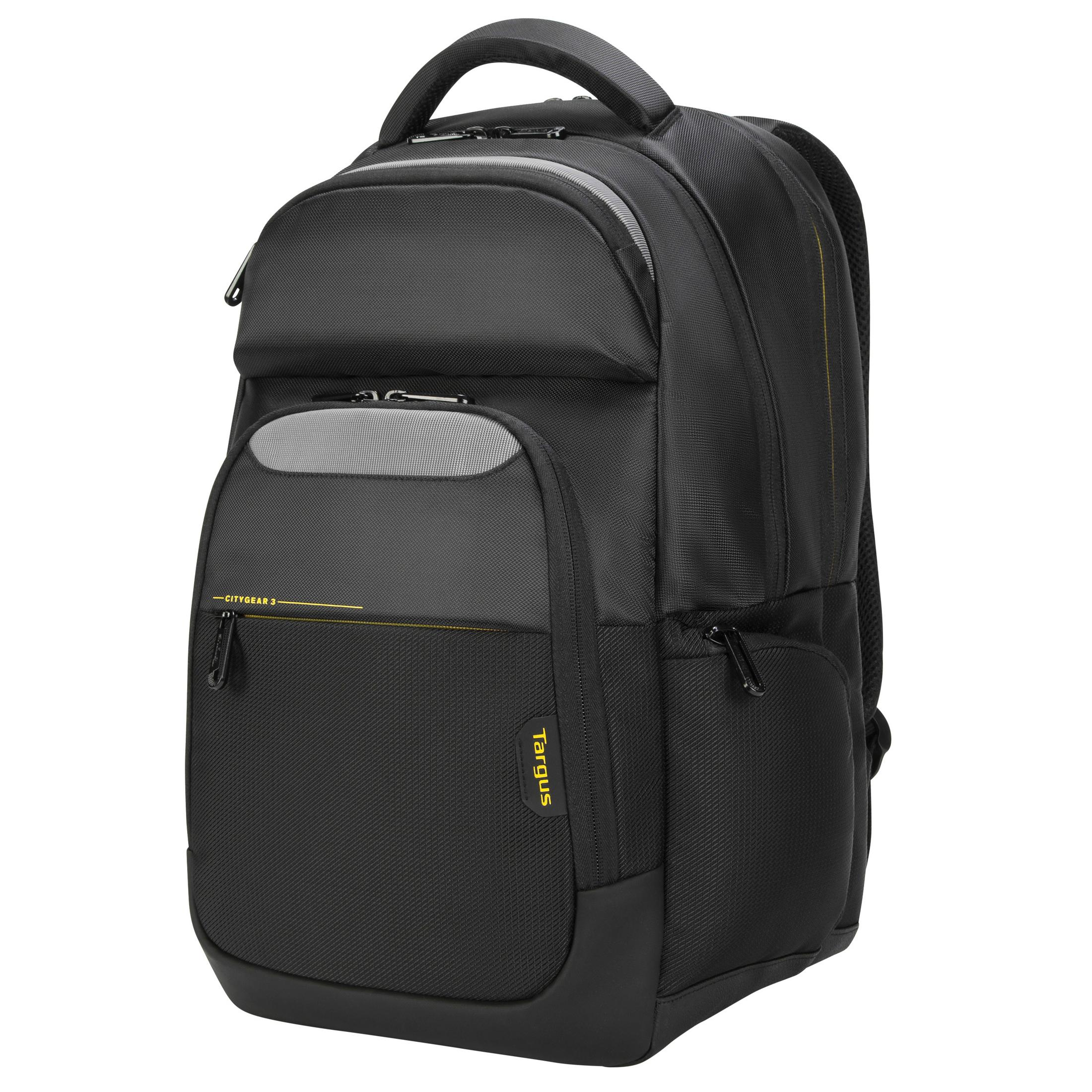 Ein schwarzer Targus-Rucksack mit mehreren Taschen und Reißverschlüssen, auf weißem Hintergrund.
