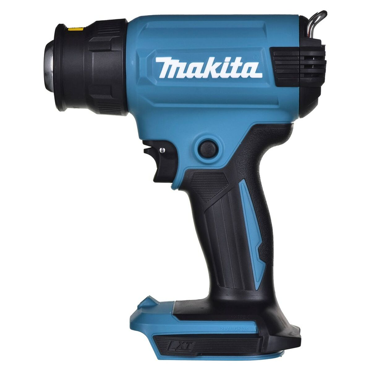 Una pistola termica Makita verde acqua e nera, con impugnatura e ugello neri.