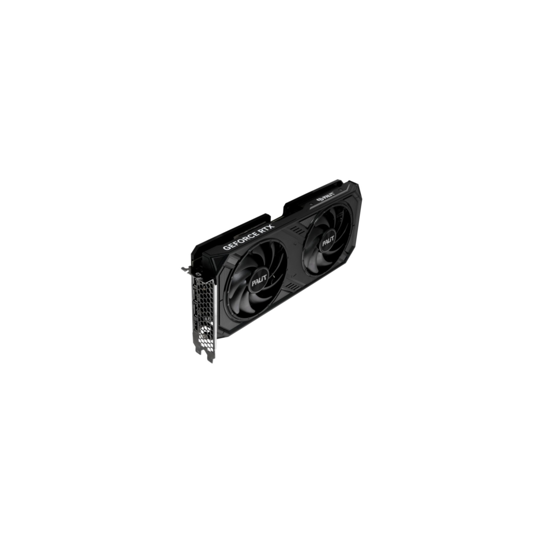 Tarjeta gráfica negra Palit GeForce RTX, dos ventiladores, fondo blanco.